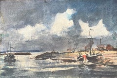 Aquarell eines französischen Impressionisten mit Booten an einer stürmischen Küste