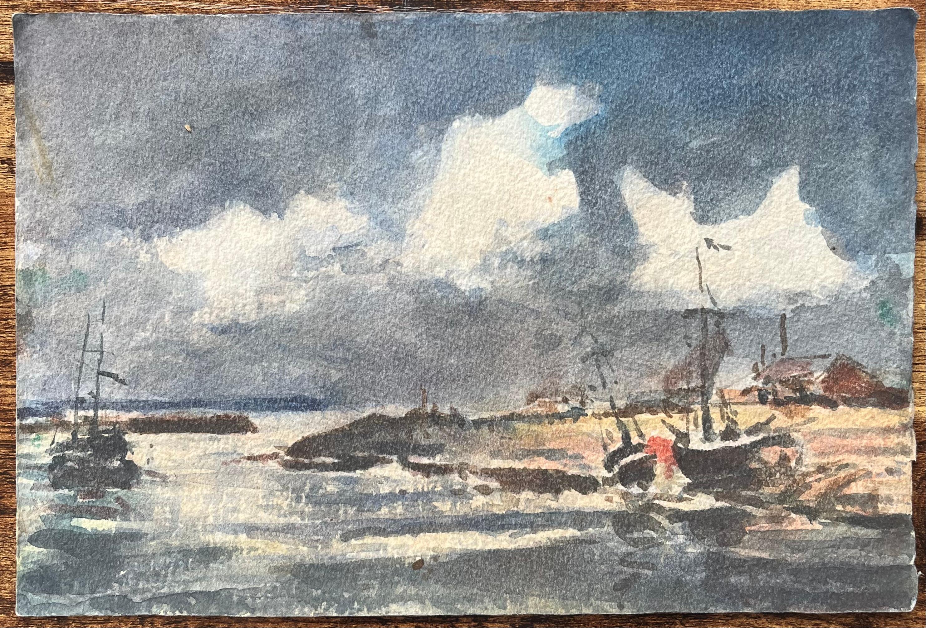 Acquerello impressionista francese di barche su una costa in tempesta - Art di Maurice Mazeilie