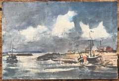 French Impressionist Watercolor of Boats on a Stormy Coast