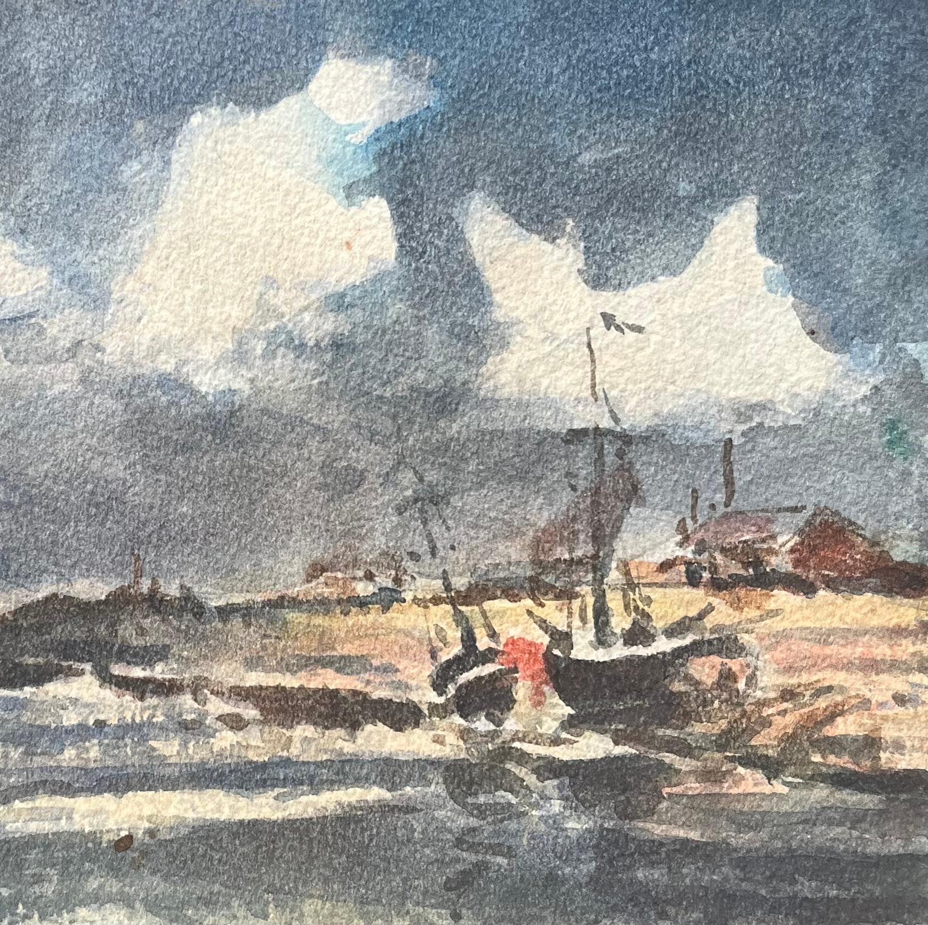 Acquerello impressionista francese di barche su una costa in tempesta - Art Impressionismo di Maurice Mazeilie