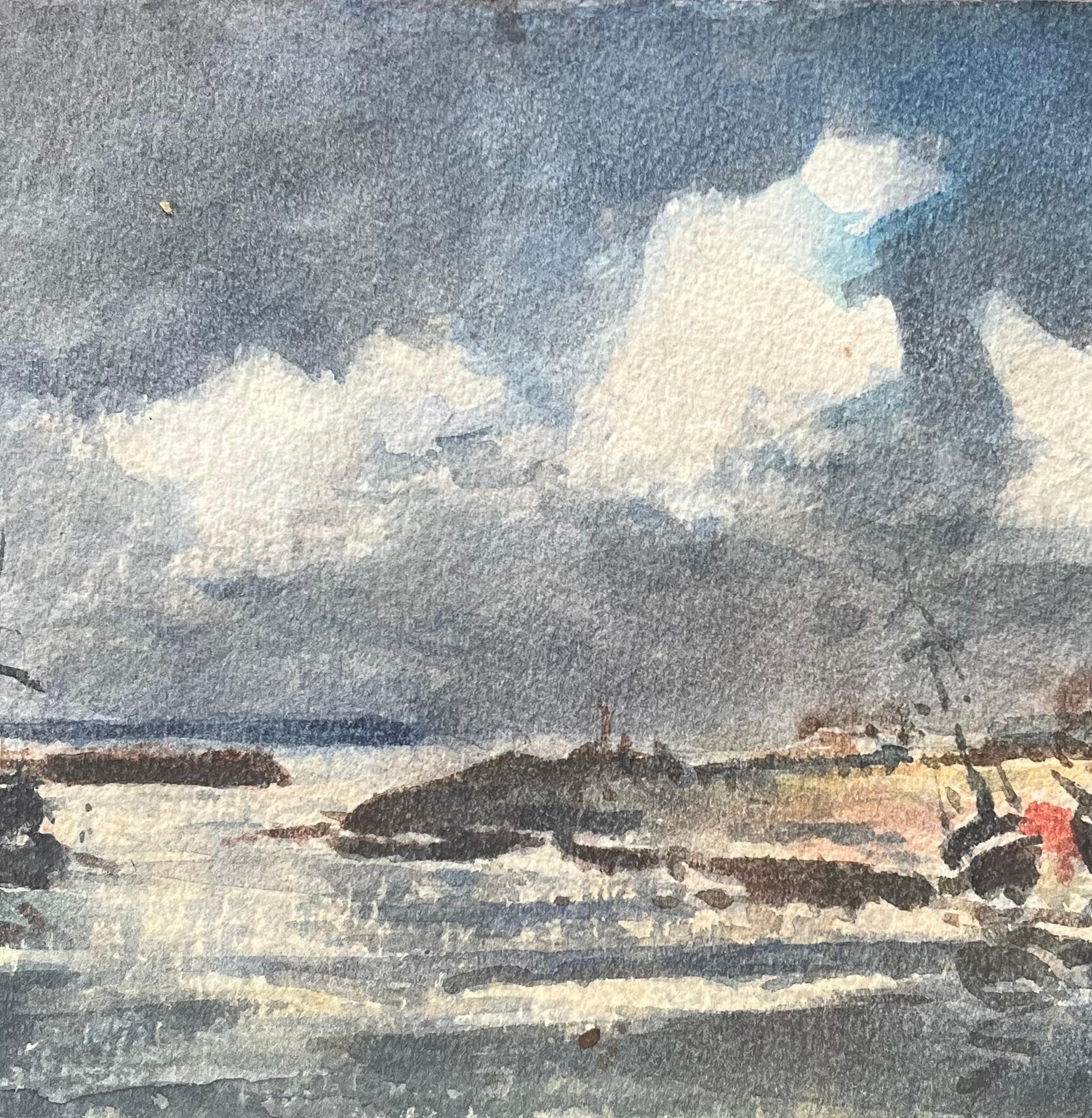 Acquerello impressionista francese di barche su una costa in tempesta - Landscape Art Grigio di Maurice Mazeilie