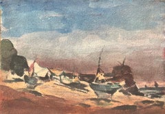 Aquarelle impressionniste française représentant des bateaux de pêche sur une plage de sable