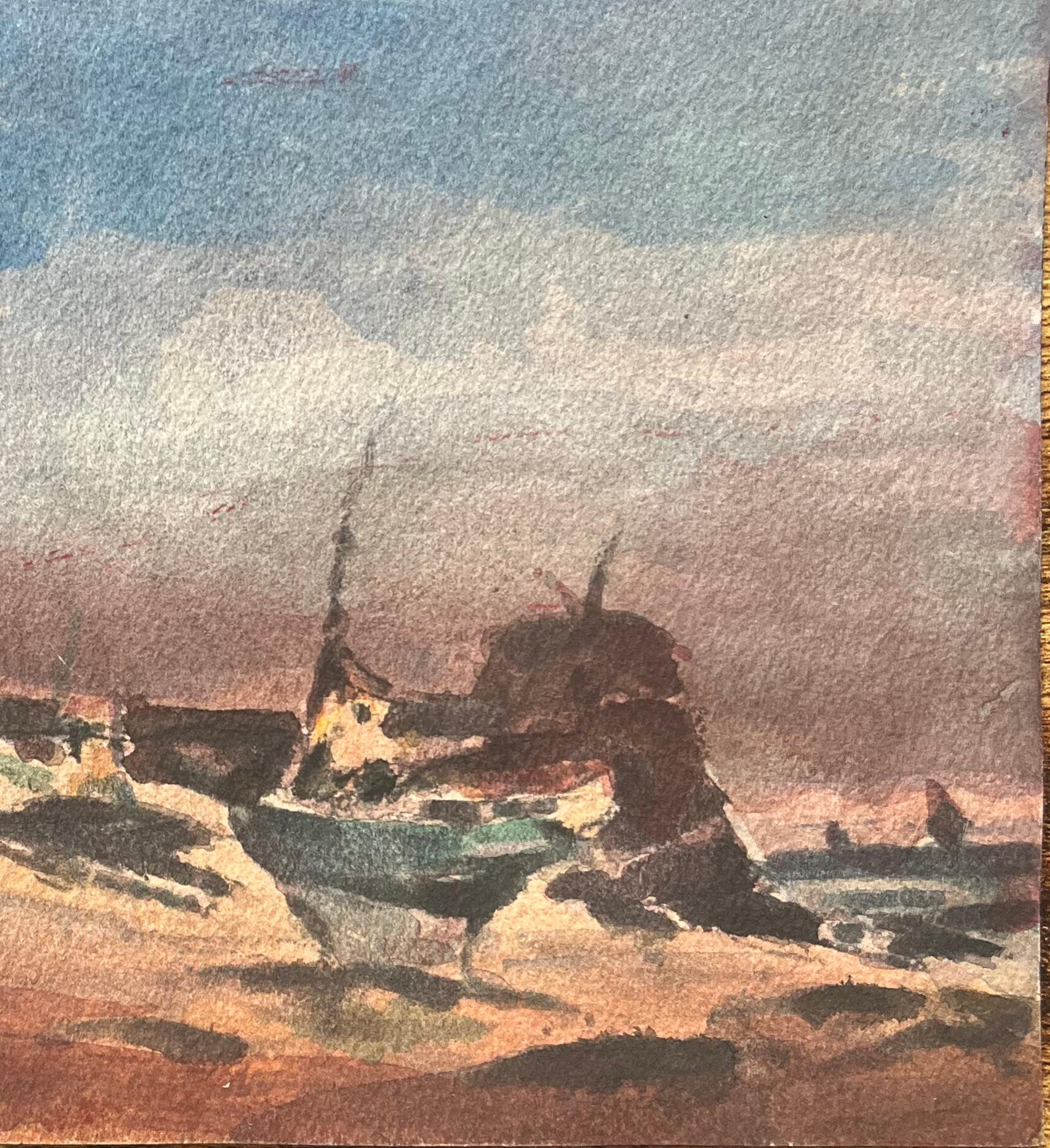 Titolo: Acquerello impressionista francese di barche da pesca su una spiaggia sabbiosa
Di Maurice Mazeilie (francese 1924-2021)
Medium: Acquerello su carta, senza cornice
Dimensioni: 7 x 10,25 pollici (altezza x larghezza)
Timbrato: Verso
Condit: