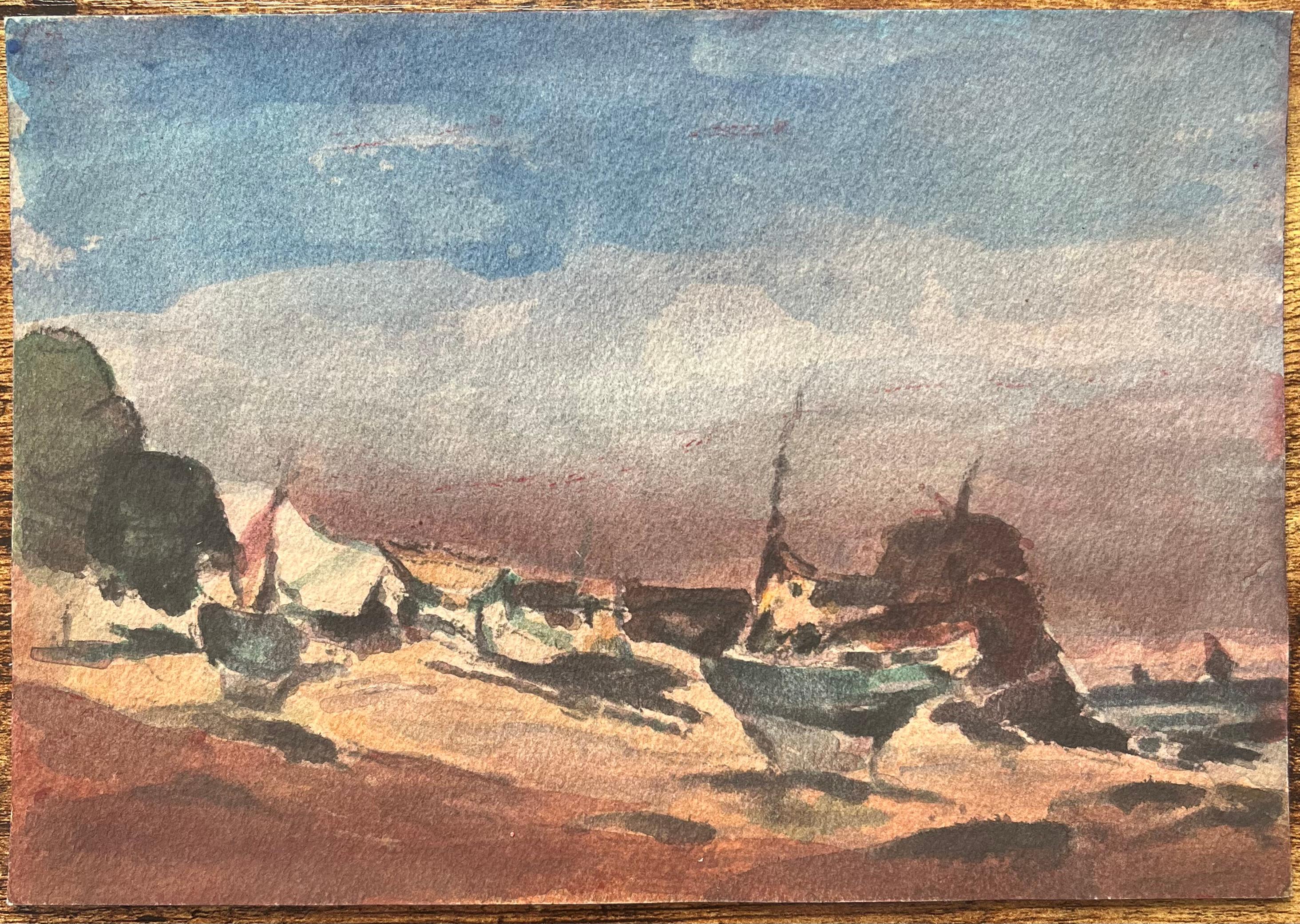 Acquerello impressionista francese con barche da pesca su una spiaggia sabbiosa - Art Impressionismo di Maurice Mazeilie