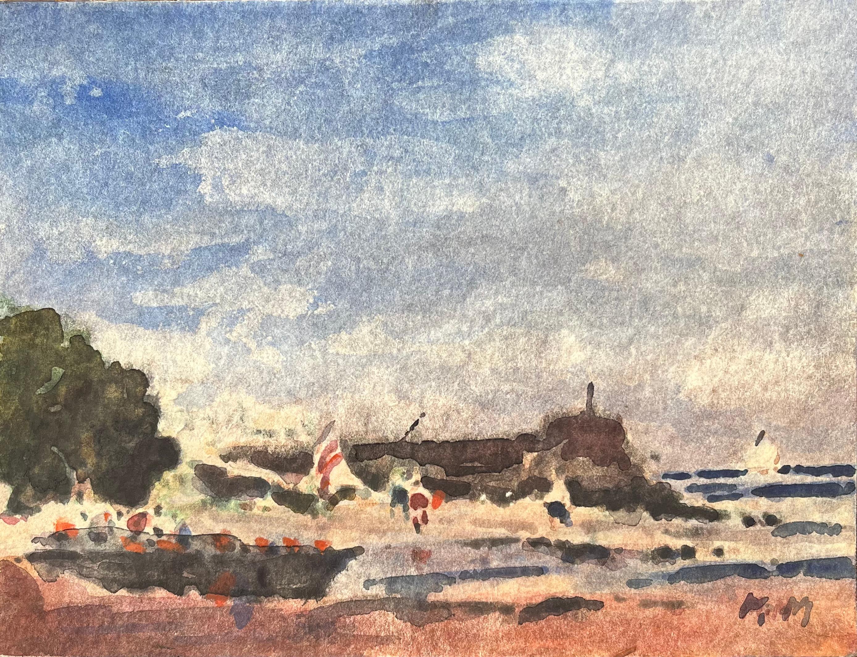 Aquarelle impressionniste française représentant des bateaux et des personnages côtiers sur la côte