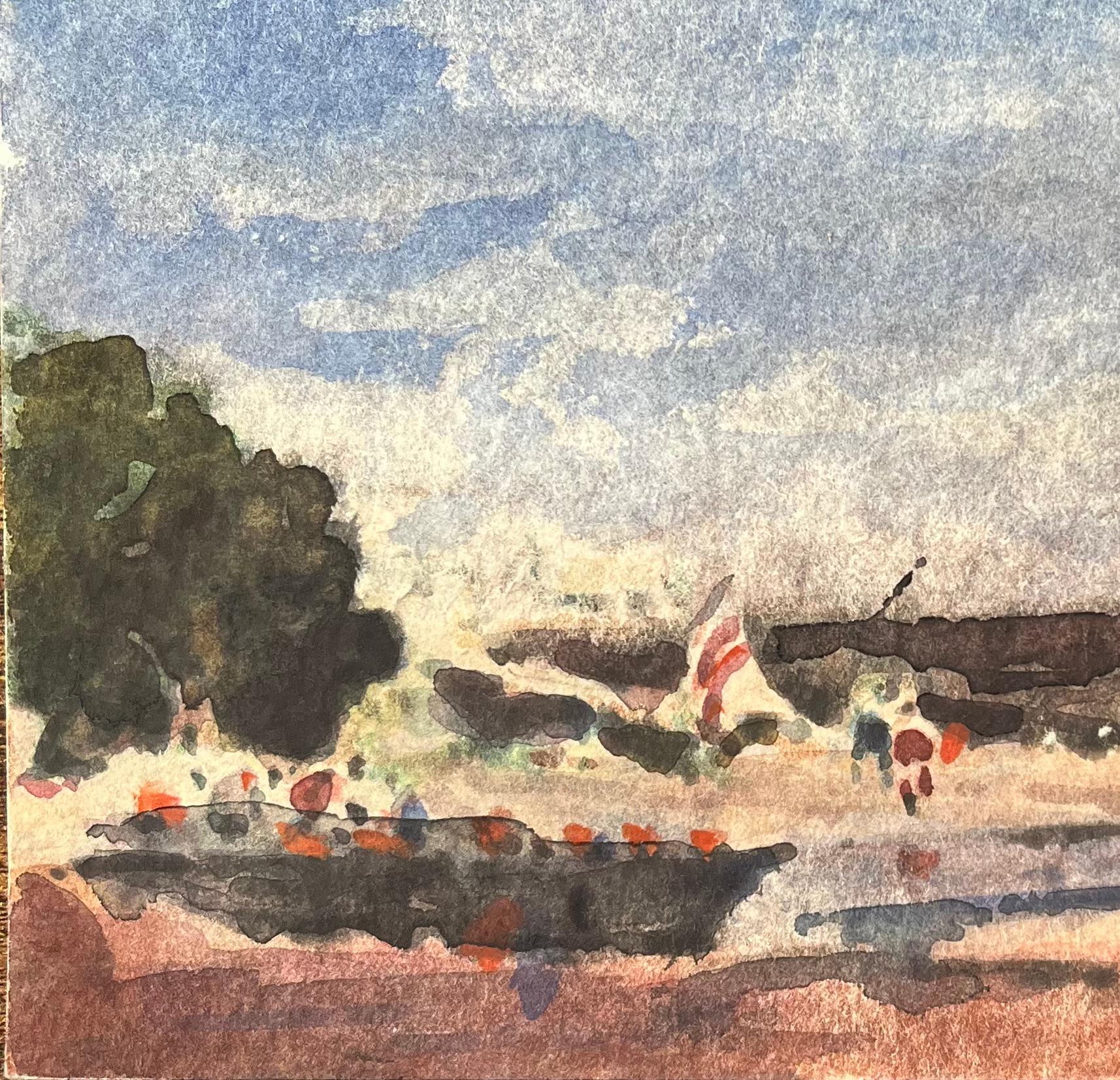 Acquerello impressionista francese con barche e figure costiere in riva al mare - Landscape Art Grigio di Maurice Mazeilie