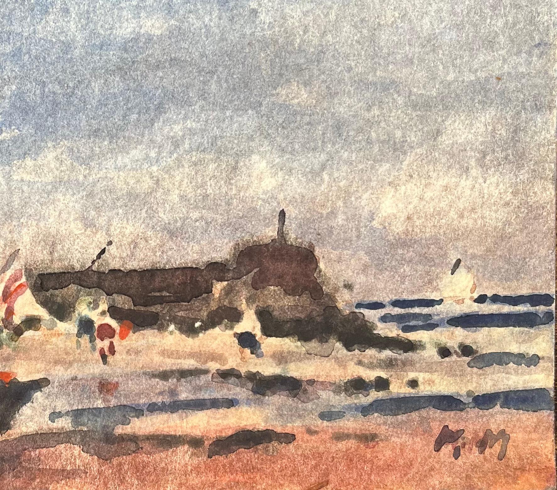 Acquerello impressionista francese con barche e figure costiere in riva al mare - Art Impressionismo di Maurice Mazeilie