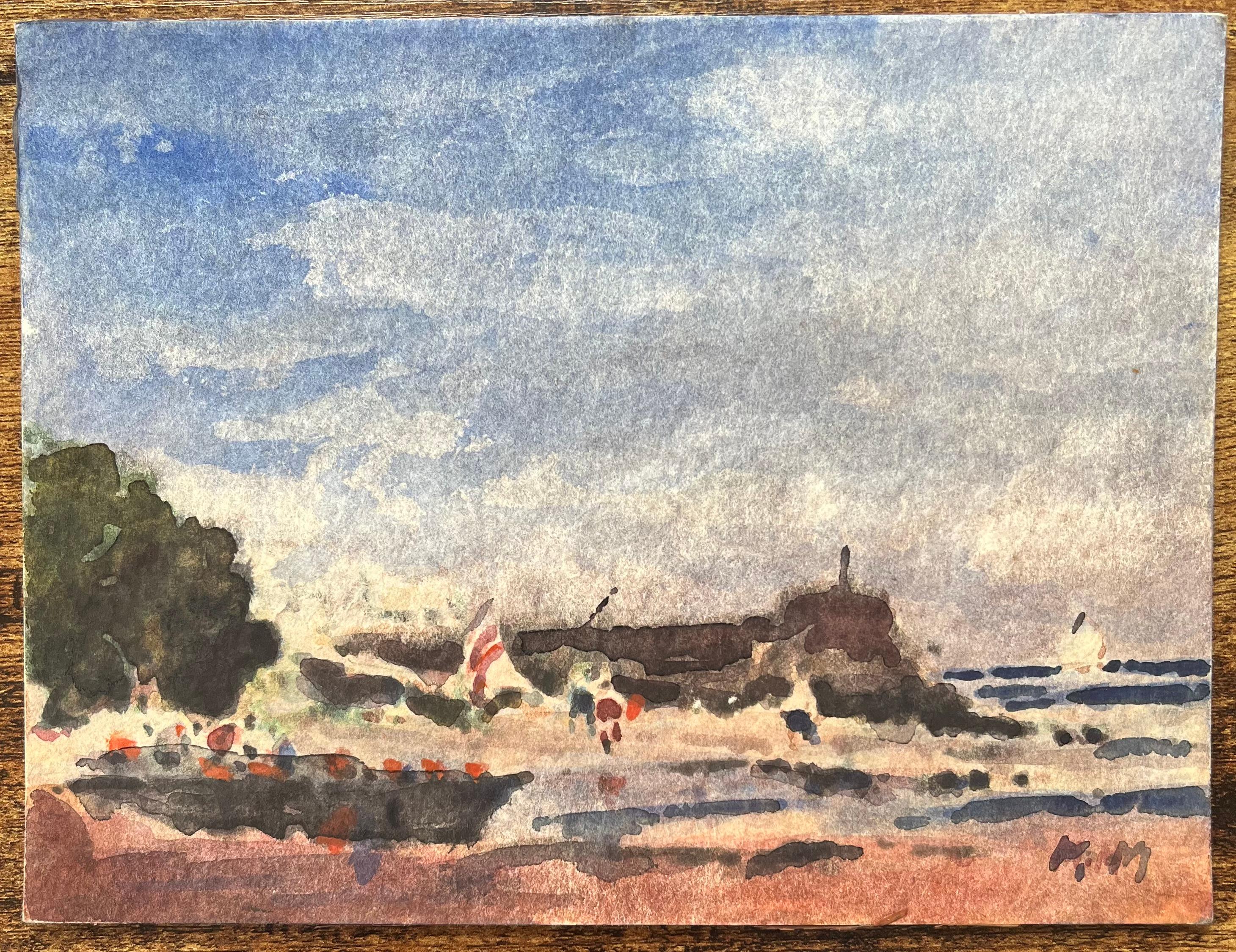 Acquerello impressionista francese con barche e figure costiere in riva al mare - Art di Maurice Mazeilie