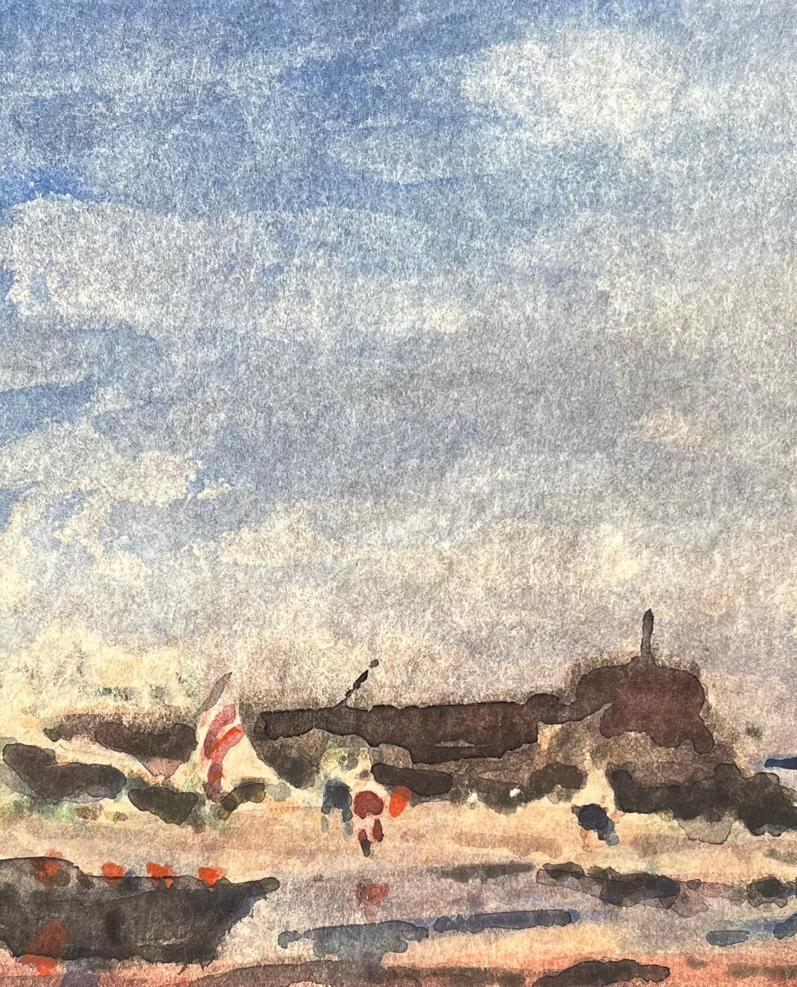 Titolo: Acquerello impressionista francese di barche e figure costiere in riva al mare
Di Maurice Mazeilie (francese 1924-2021)
Medium: Acquerello su carta, senza cornice
Dimensioni: 7 x 9,5 pollici (altezza x larghezza)
Firmato: Verso
Condit: