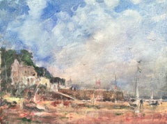 Aquarelle impressionniste française représentant un chantier naval d'un village côtier avec des bateaux à bas échelle