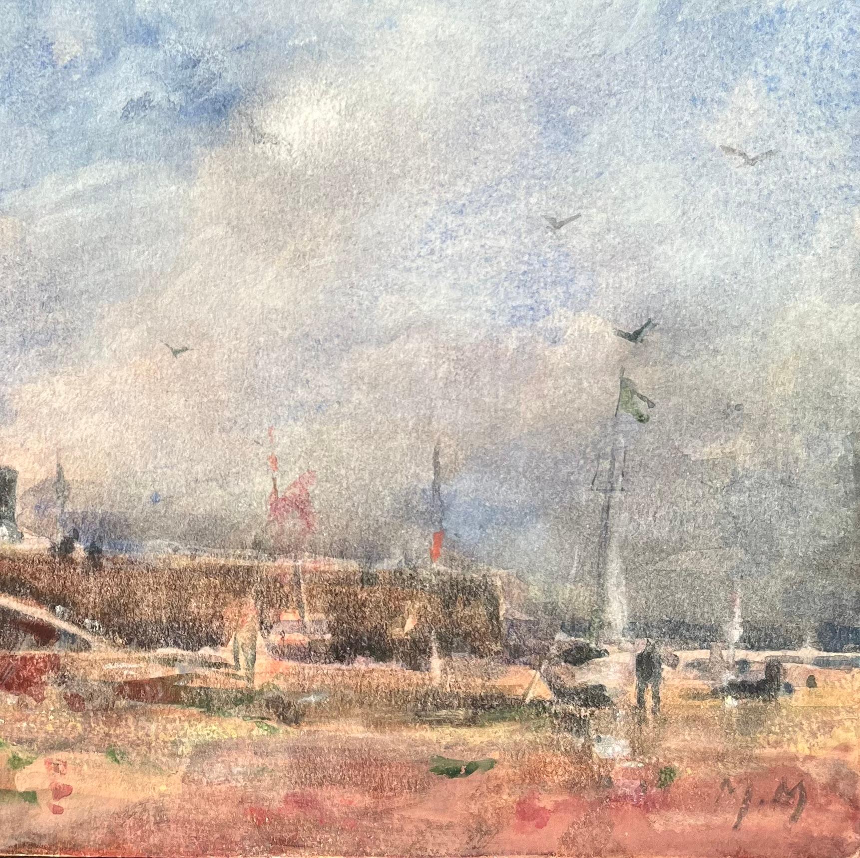 Aquarelle impressionniste française représentant un chantier naval d'un village côtier avec des bateaux à bas échelle - Impressionnisme Art par Maurice Mazeilie