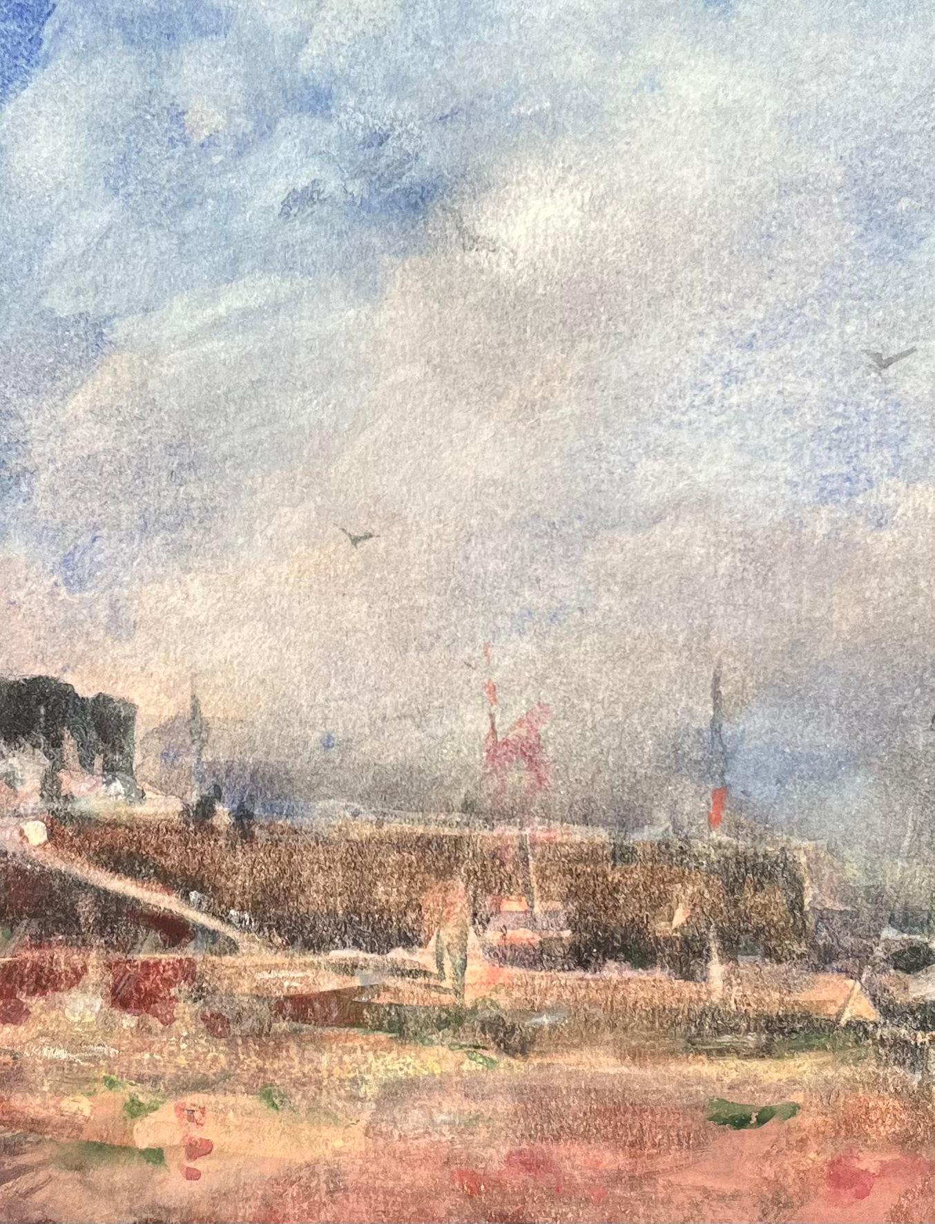 Aquarelle impressionniste française représentant un chantier naval d'un village côtier avec des bateaux à bas échelle - Gris Landscape Art par Maurice Mazeilie