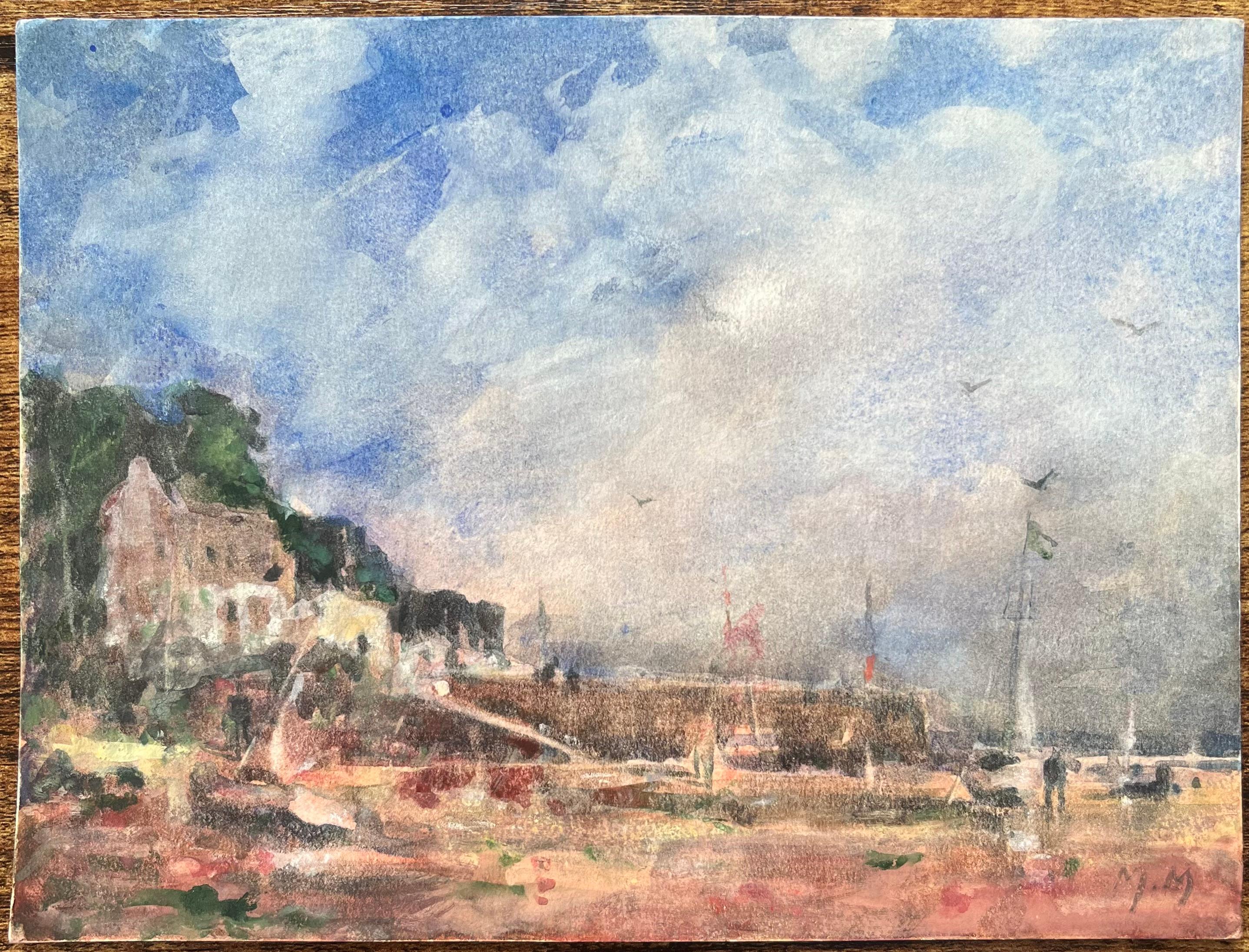 Aquarelle impressionniste française représentant un chantier naval d'un village côtier avec des bateaux à bas échelle - Art de Maurice Mazeilie