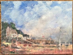French Impressionist Watercolor of Coastal Village Dock with Boats at Low Tide