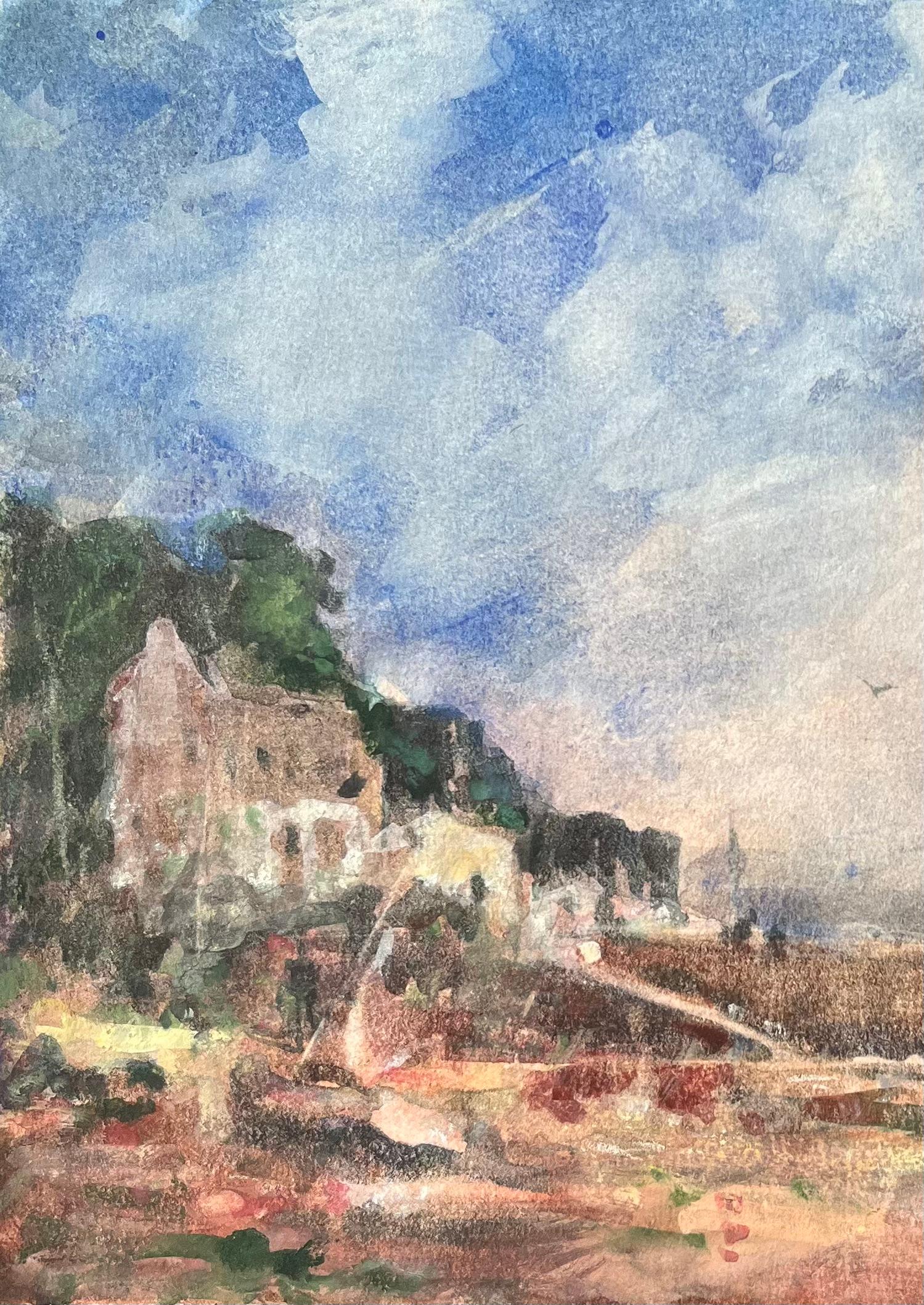 Titre : Aquarelle impressionniste française d'un quai de village côtier avec des bateaux à marée basse
Par Maurice Mazeilie (français 1924-2021)
Moyen d'expression : Aquarelle sur papier, non encadrée
Taille : 7 x 9.5 pouces (hauteur x