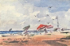 French Impressionist Watercolor of Beach Scene with Umbrellas and Seagulls