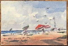French Impressionist Watercolor of Beach Scene with Umbrellas and Seagulls