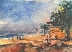 French Impressionist Watercolor of Lifeguard Station Beach Scene