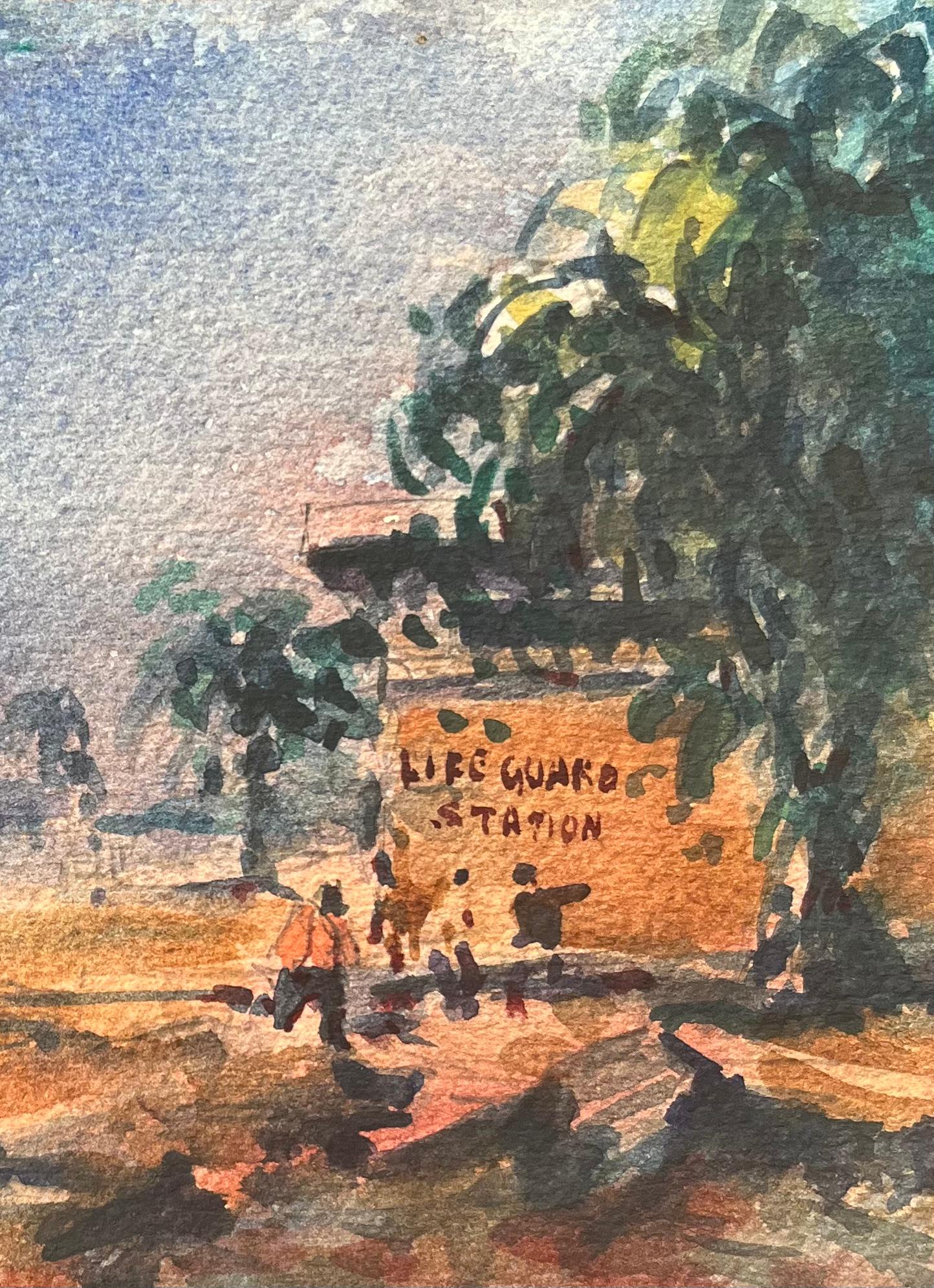 French Impressionist Watercolor of Lifeguard Station Beach Scene - Gray Landscape Art by Maurice Mazeilie