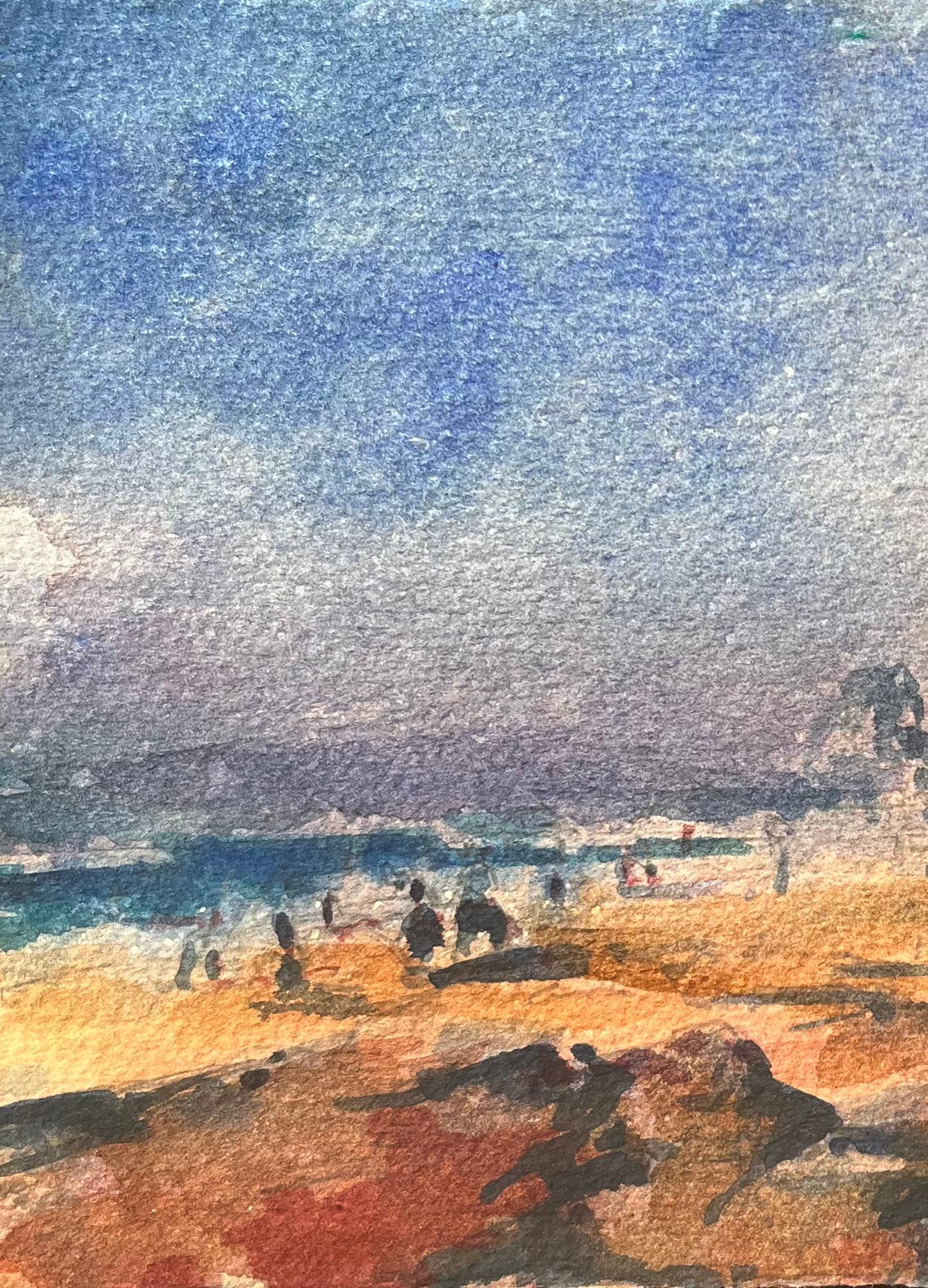 French Impressionist Watercolor of Lifeguard Station Beach Scene For Sale 1