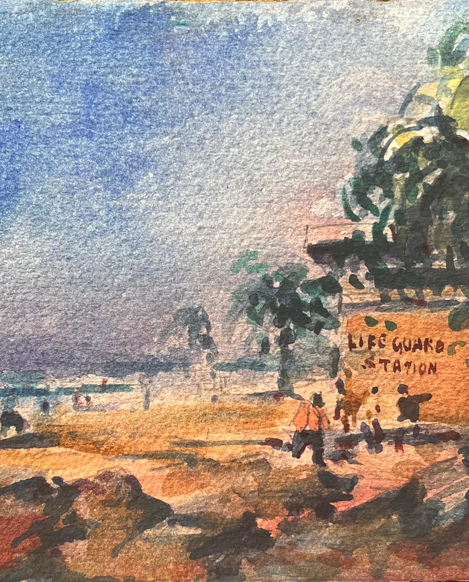Title: French Impressionist Watercolor of Lifeguard Station Beach Scene
By Maurice Mazeilie (French 1924-2021)
Medium: Watercolor on paper, unframed
Size: 5.5 x 7.5 inches (Height x Width)
Stamped: Verso
Condition: Good, with signs of