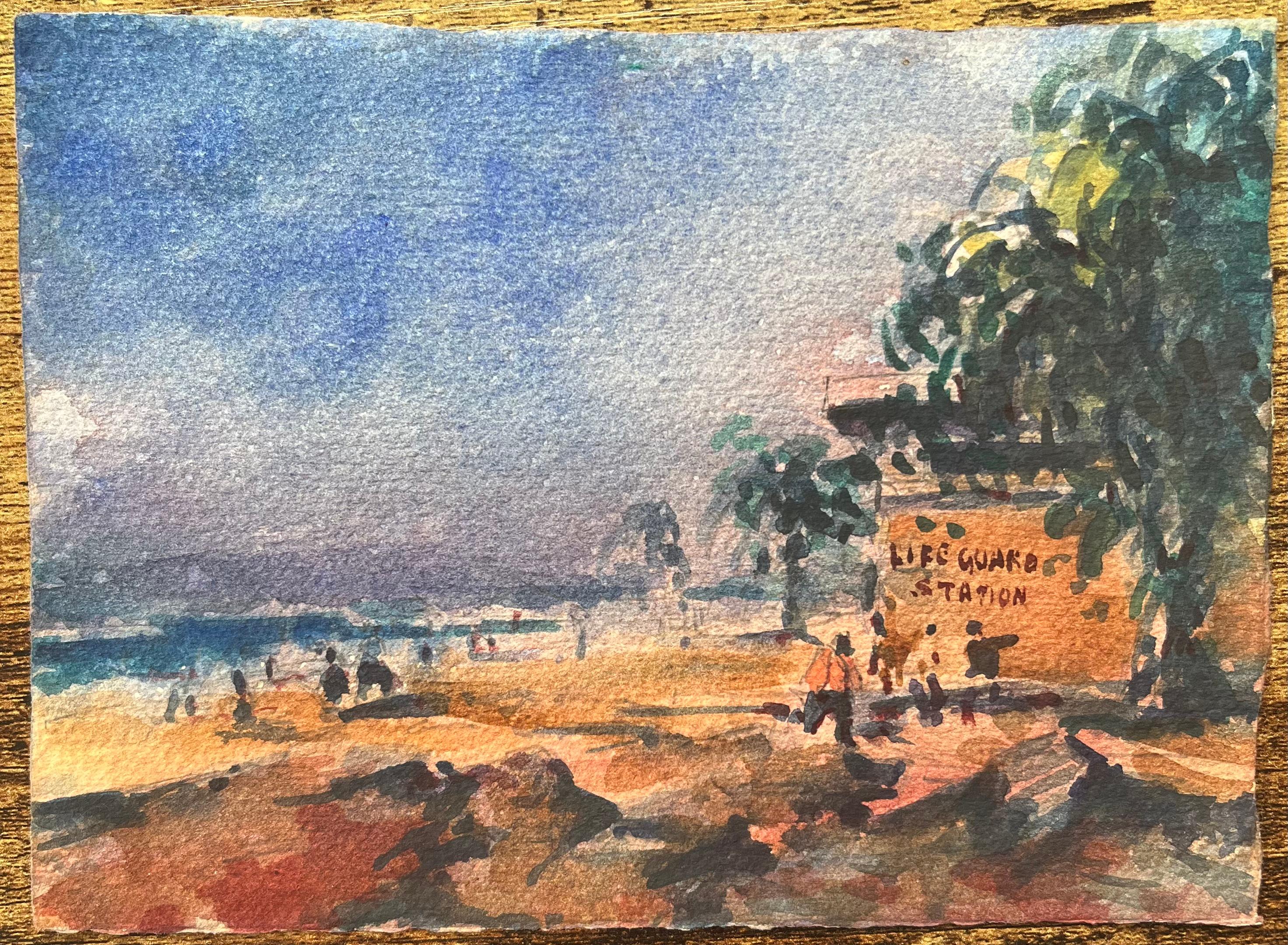 French Impressionist Watercolor of Lifeguard Station Beach Scene - Art by Maurice Mazeilie