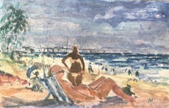 French Impressionist Watercolor of Sunbathers on the Beach