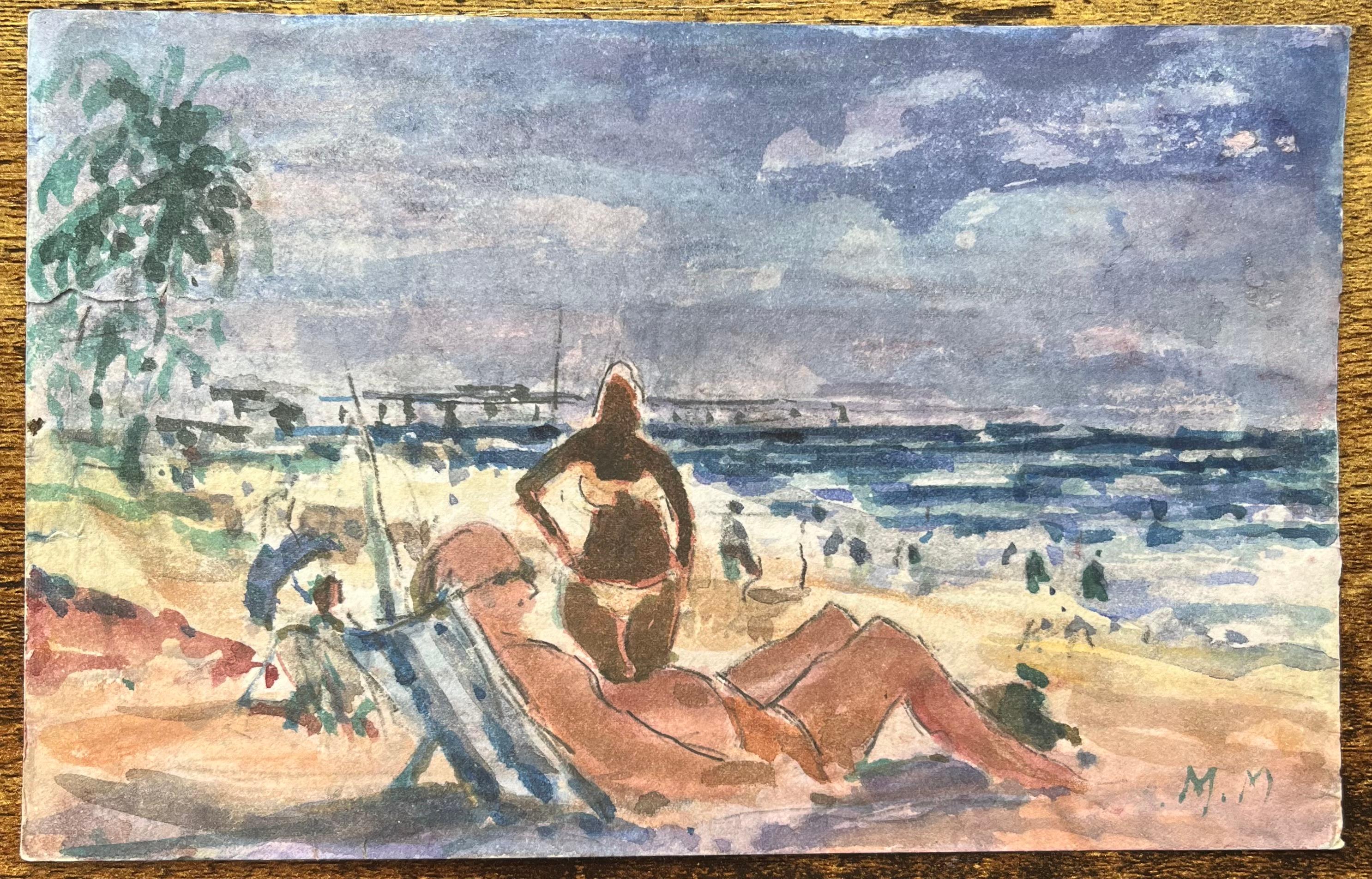 Acquerello impressionista francese di bagnanti sulla spiaggia - Art Impressionismo di Maurice Mazeilie