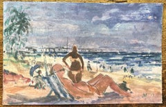 Acquerello impressionista francese di bagnanti sulla spiaggia