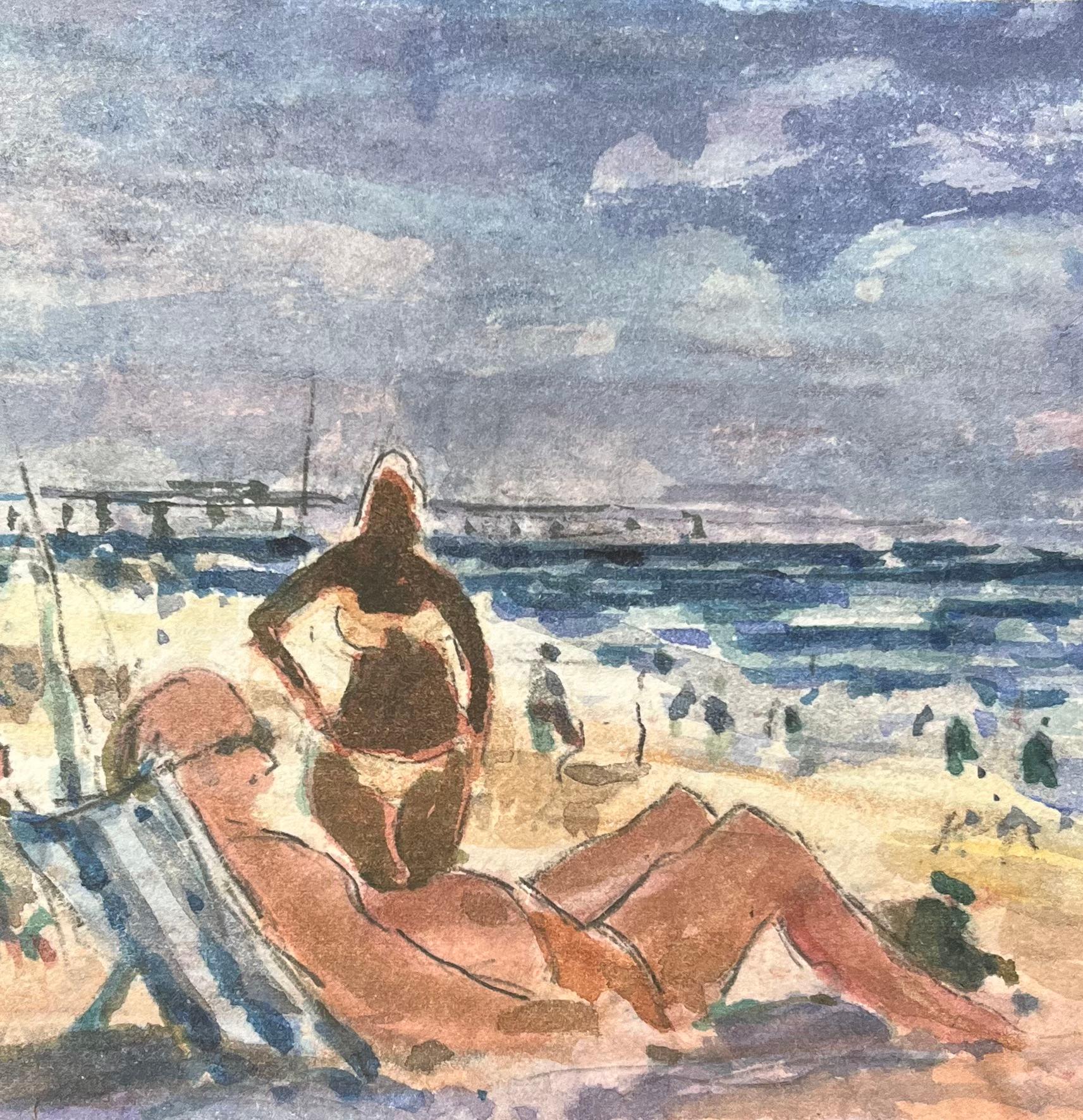 Titolo: Acquerello impressionista francese di bagnanti sulla spiaggia
Di Maurice Mazeilie (francese 1924-2021)
Medium: Acquerello su carta, senza cornice
Dimensioni: 5 x 8 pollici (altezza x larghezza)
Condit: Buono, con segni di invecchiamento.