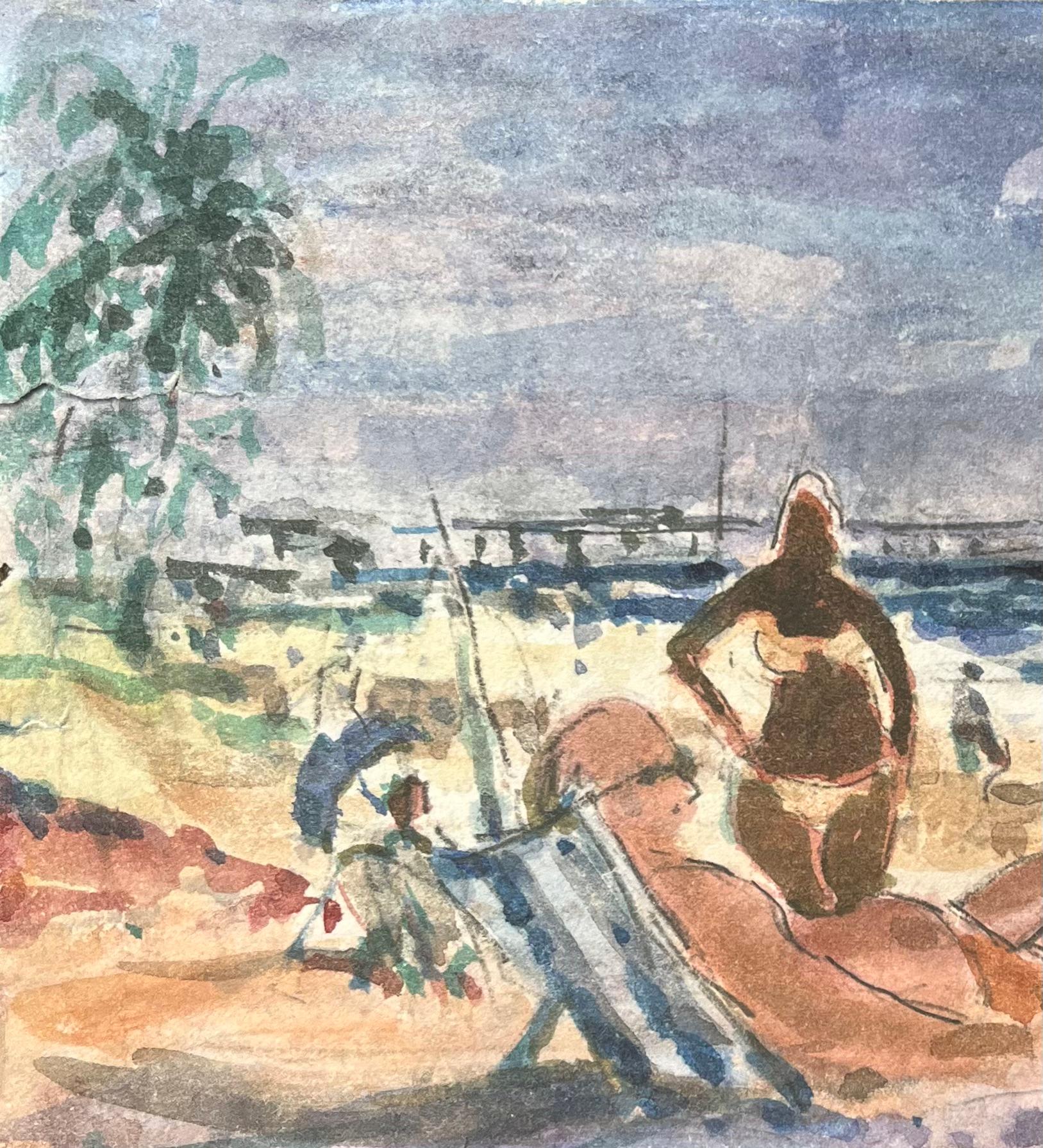 Acquerello impressionista francese di bagnanti sulla spiaggia in vendita 2