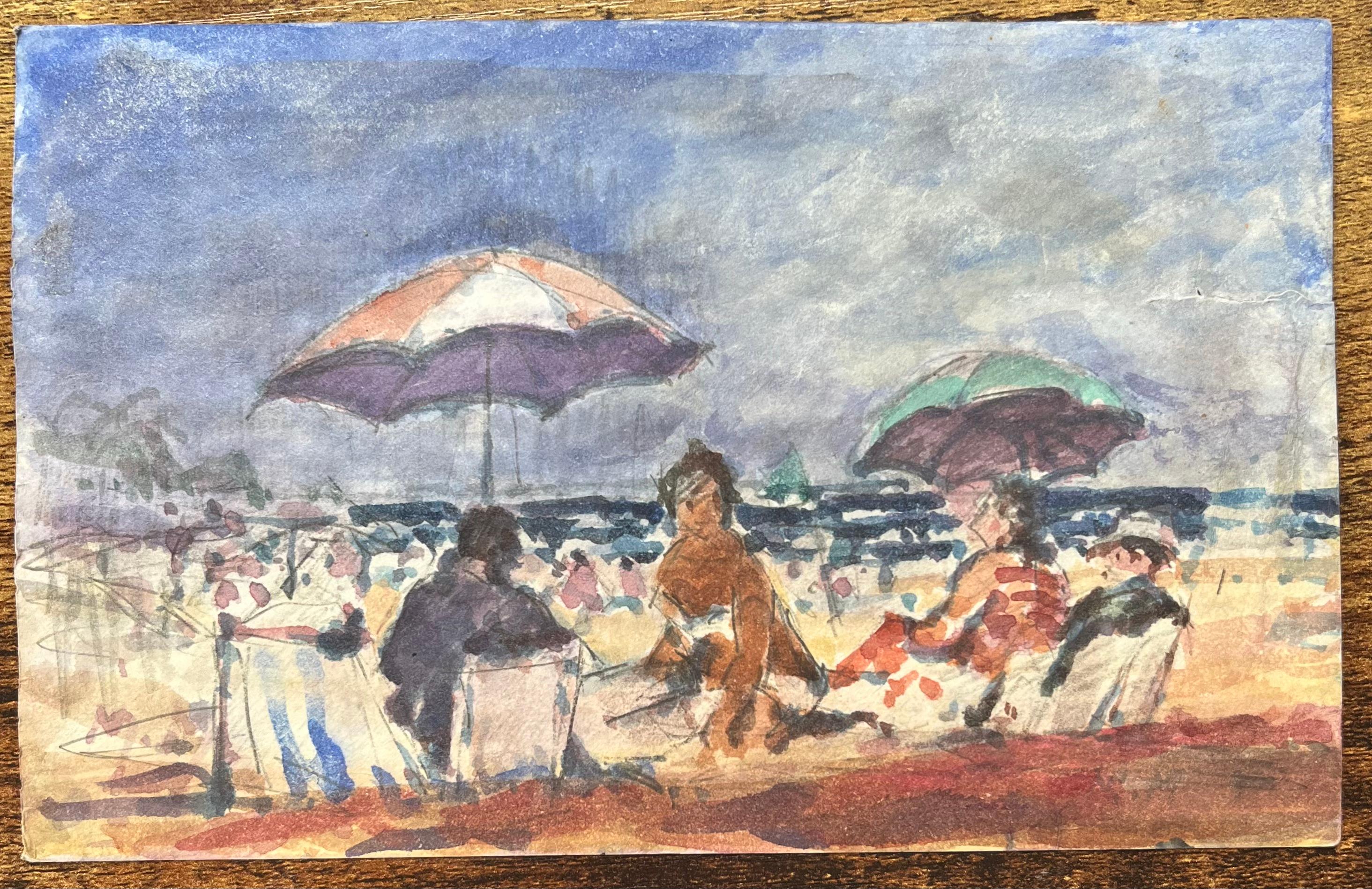 Acquerello impressionista francese di bagnanti sulla spiaggia in vendita 3