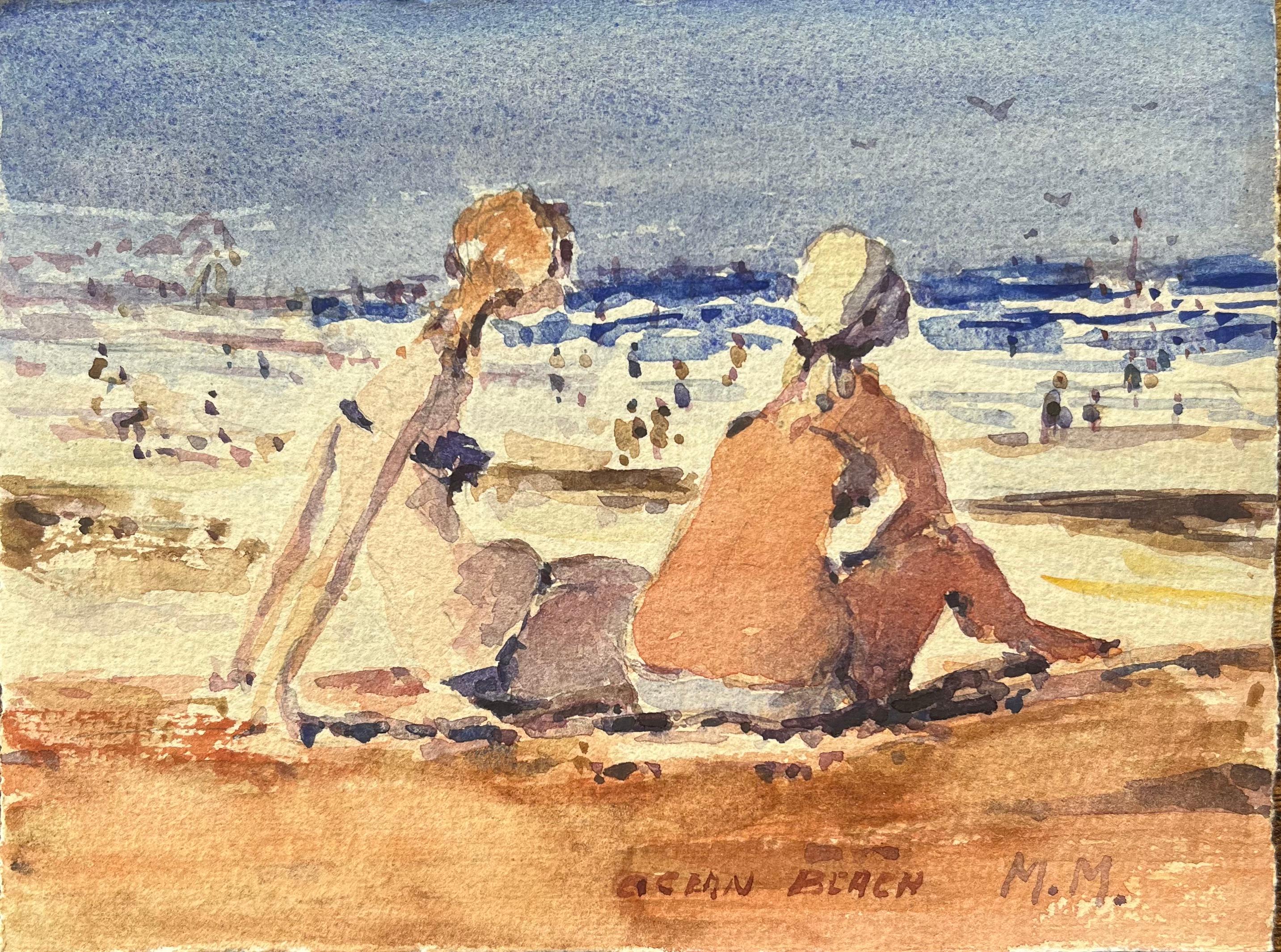 Landscape Art di Maurice Mazeilie - Acquerello impressionista francese con figure che si rilassano sulla spiaggia dell'oceano