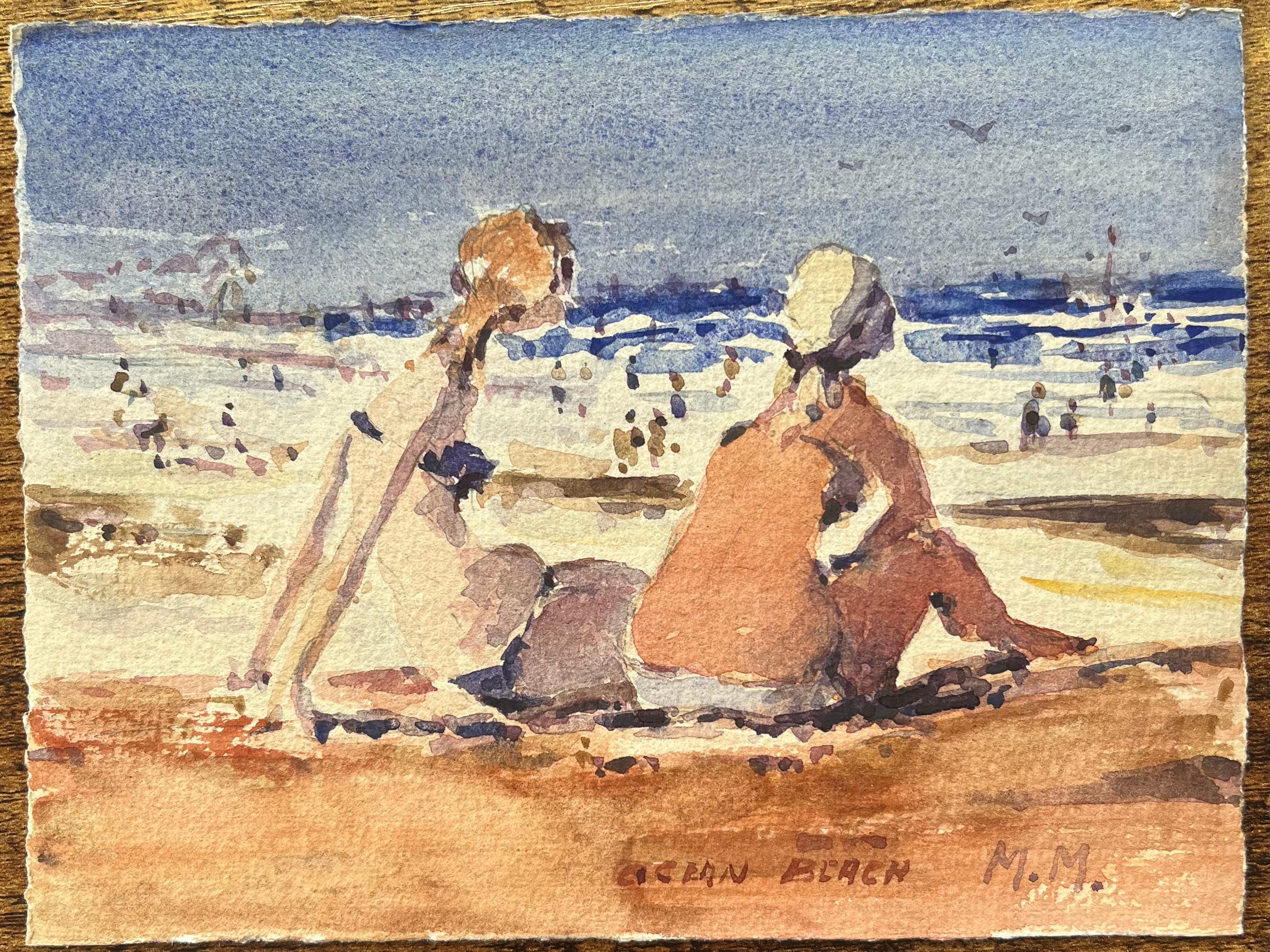 Acquerello impressionista francese con figure che si rilassano sulla spiaggia dell'oceano - Art di Maurice Mazeilie