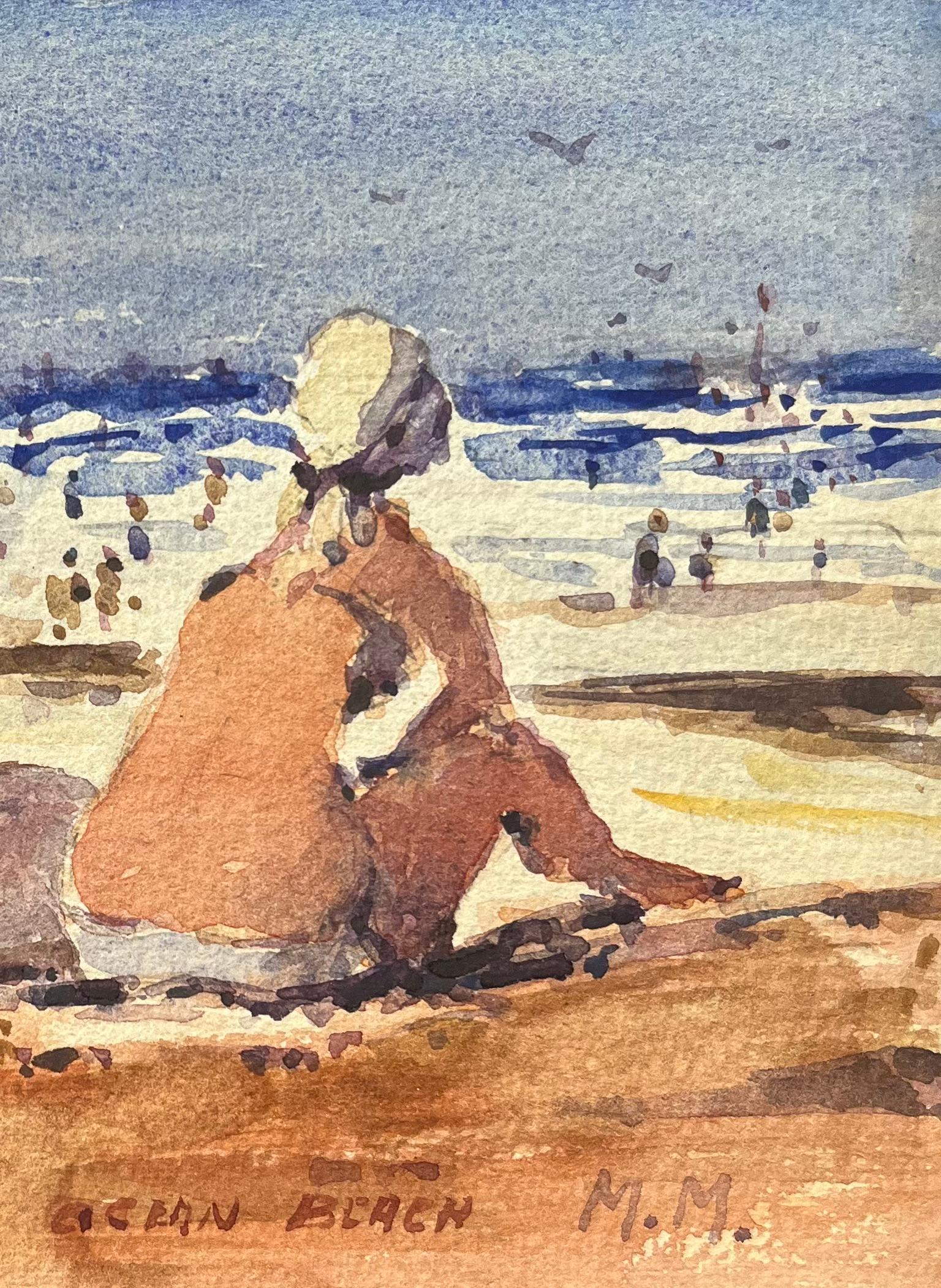 Acquerello impressionista francese con figure che si rilassano sulla spiaggia dell'oceano - Art Impressionismo di Maurice Mazeilie