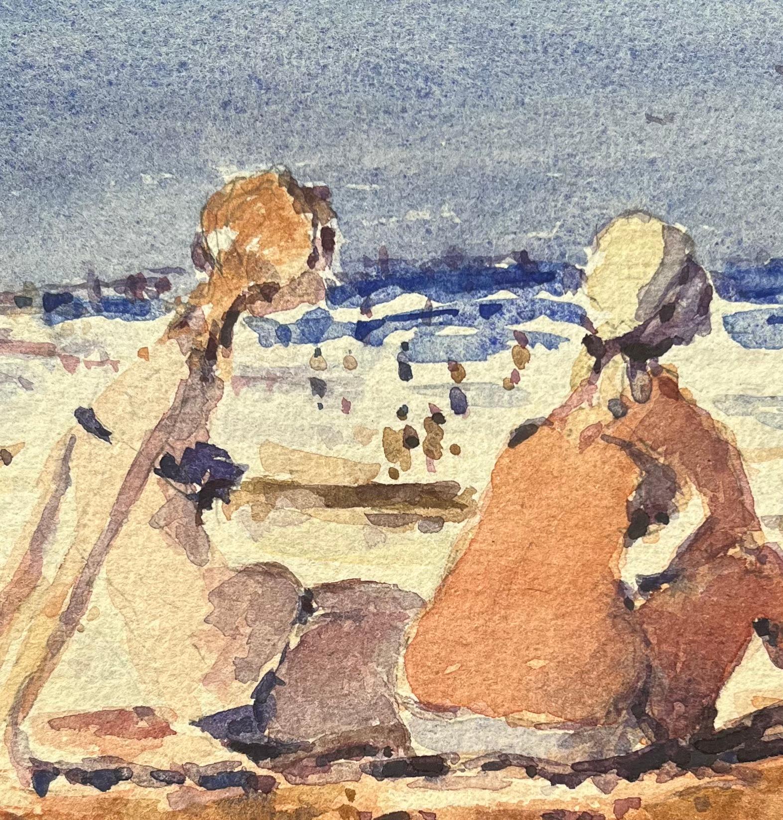 Titolo: Acquerello impressionista francese di figure che si rilassano sulla spiaggia dell'oceano
Di Maurice Mazeilie (francese 1924-2021)
Medium: Acquerello su carta, senza cornice
Dimensioni: 5,5 x 7,5 pollici (altezza x larghezza)
Timbrato: