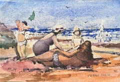 French Impressionist Watercolor of Families Enjoying Ocean Beach