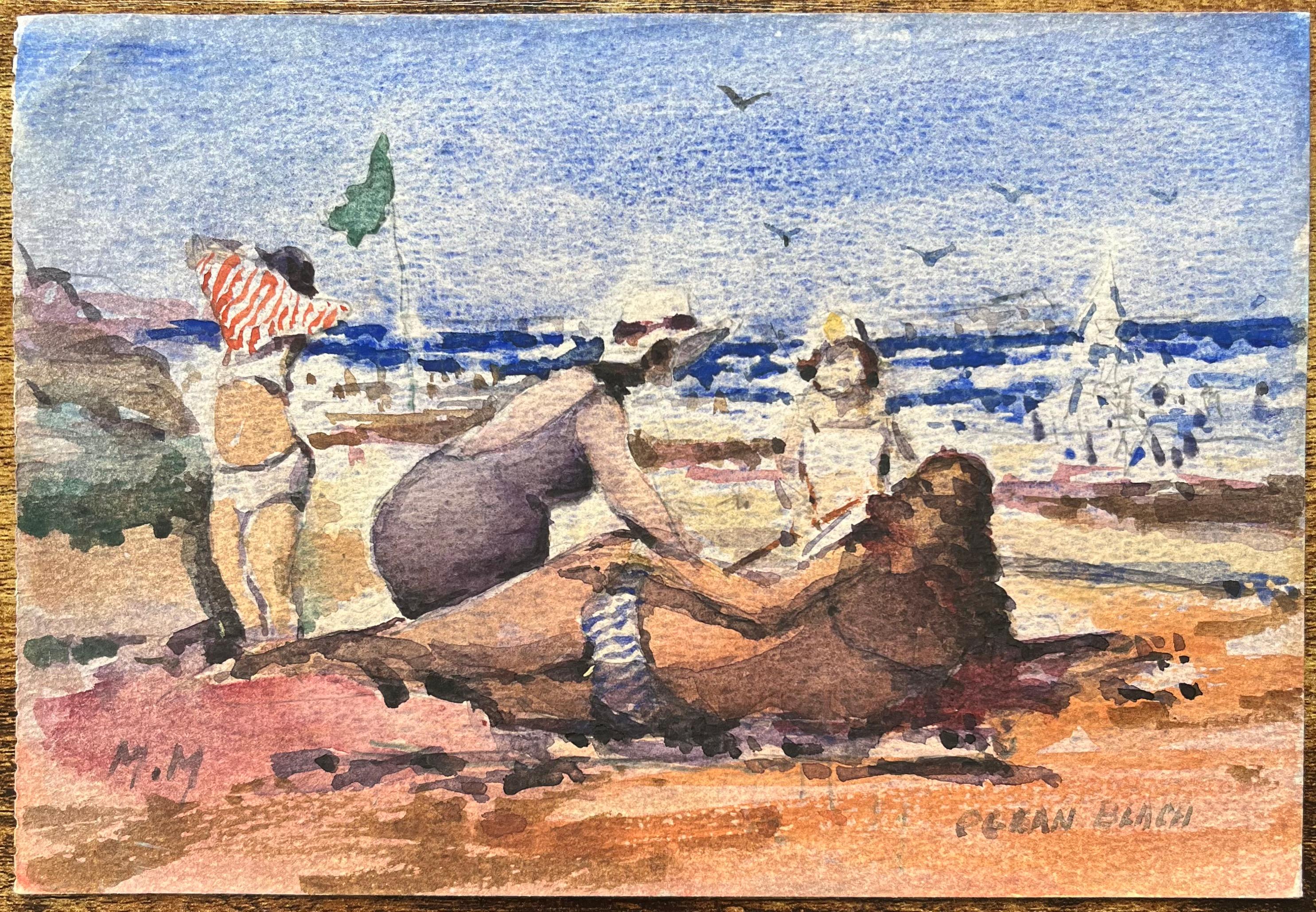 French Impressionist Watercolor of Families Enjoying Ocean Beach - Art by Maurice Mazeilie