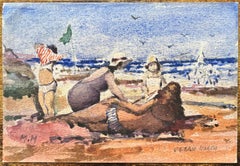 French Impressionist Watercolor of Families Enjoying Ocean Beach