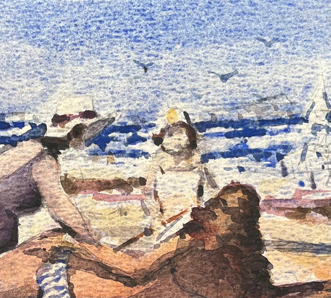 French Impressionist Watercolor of Families Enjoying Ocean Beach For Sale 2