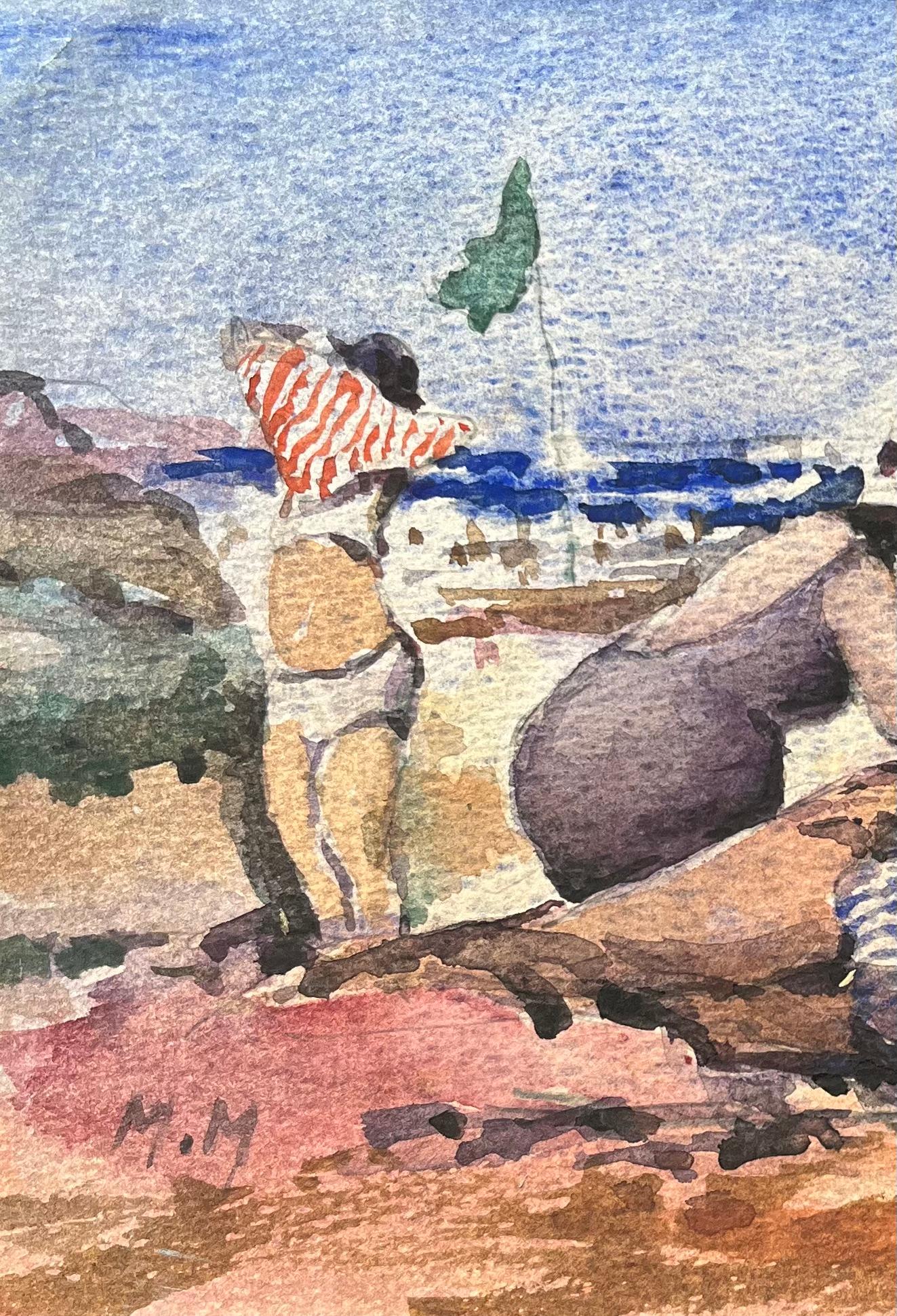 French Impressionist Watercolor of Families Enjoying Ocean Beach For Sale 1