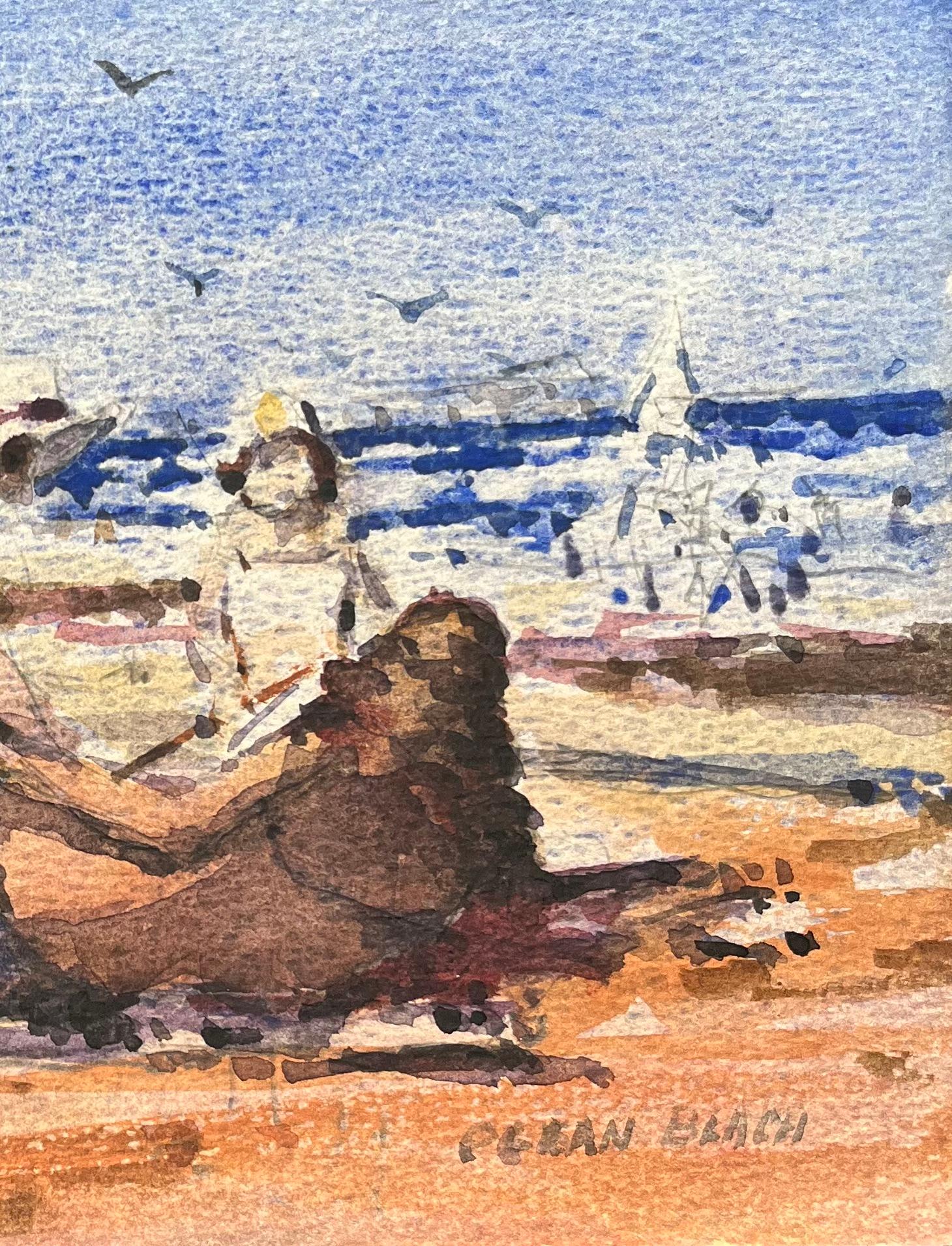 French Impressionist Watercolor of Families Enjoying Ocean Beach - Gray Landscape Art by Maurice Mazeilie