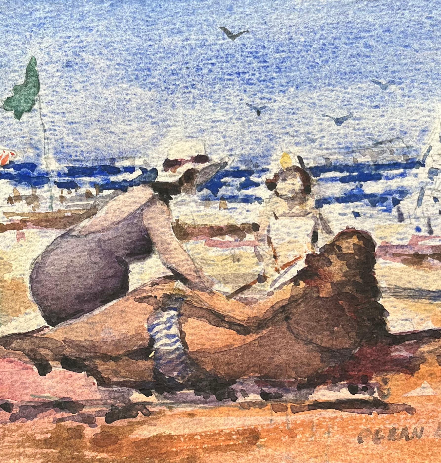 Title: French Impressionist Watercolor of Families Enjoying Ocean Beach
By Maurice Mazeilie (French 1924-2021)
Medium: Watercolor on paper, unframed
Size: 6.25 x 9.25 inches (Height x Width)
Signed: Initials bottom left.
Condition: Good, with signs