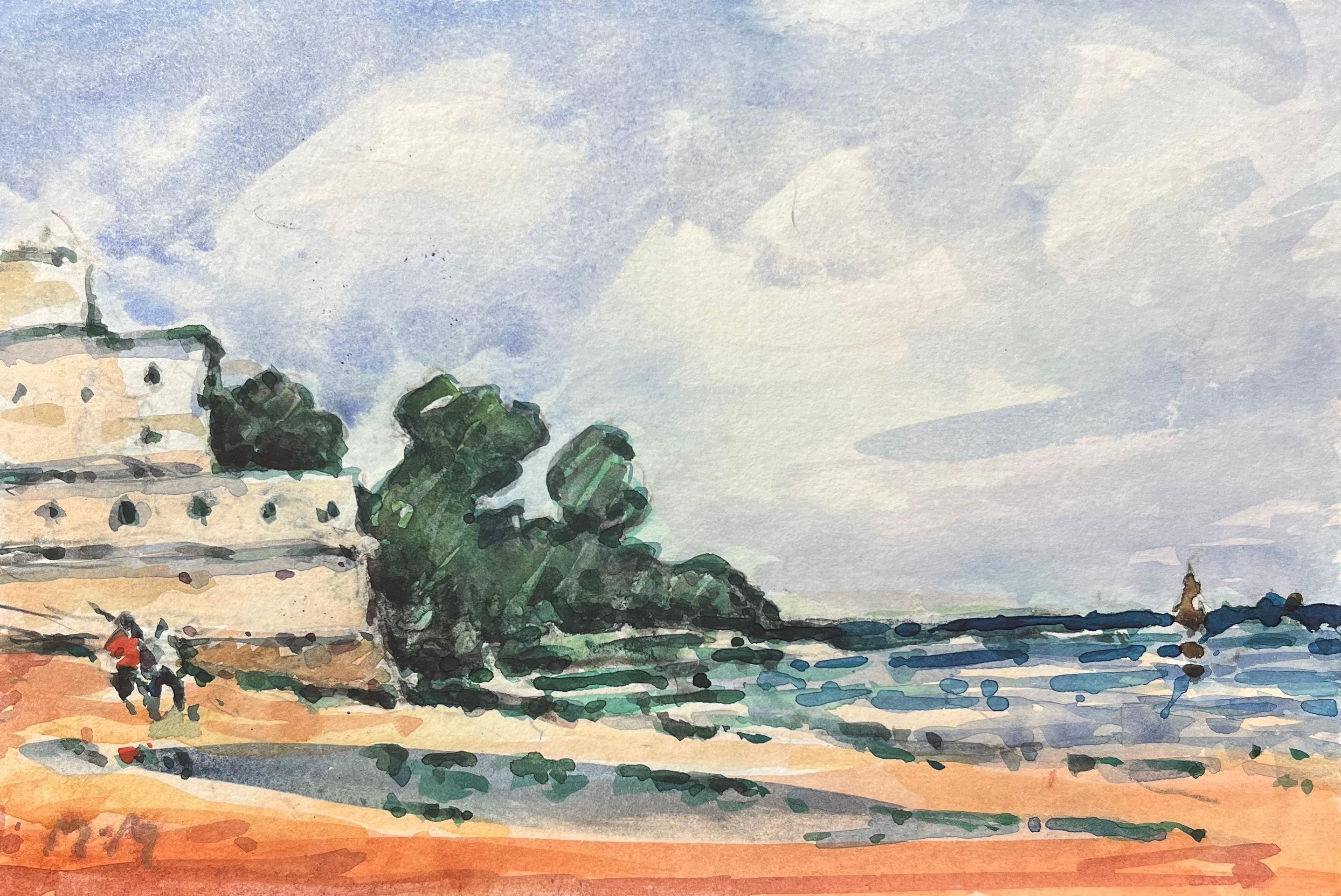 Französisches impressionistisches Aquarell mit Meeresansicht mit Bäumen und Figuren, im Impressionismus