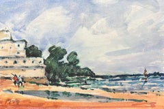 Aquarelle impressionniste française d'une vue de bord de mer avec arbres et personnages