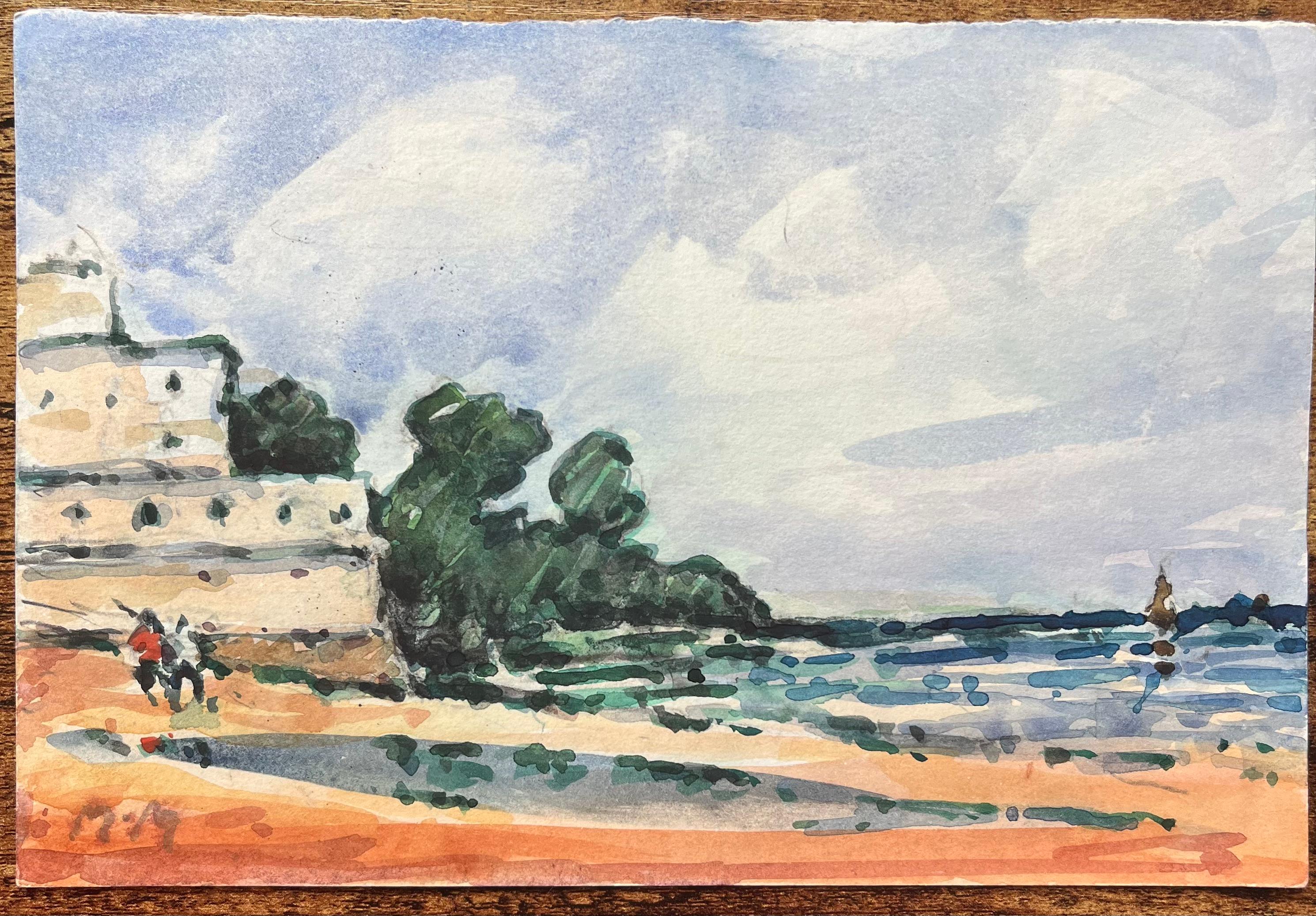 Aquarelle impressionniste française d'une vue de bord de mer avec arbres et personnages - Art de Maurice Mazeilie
