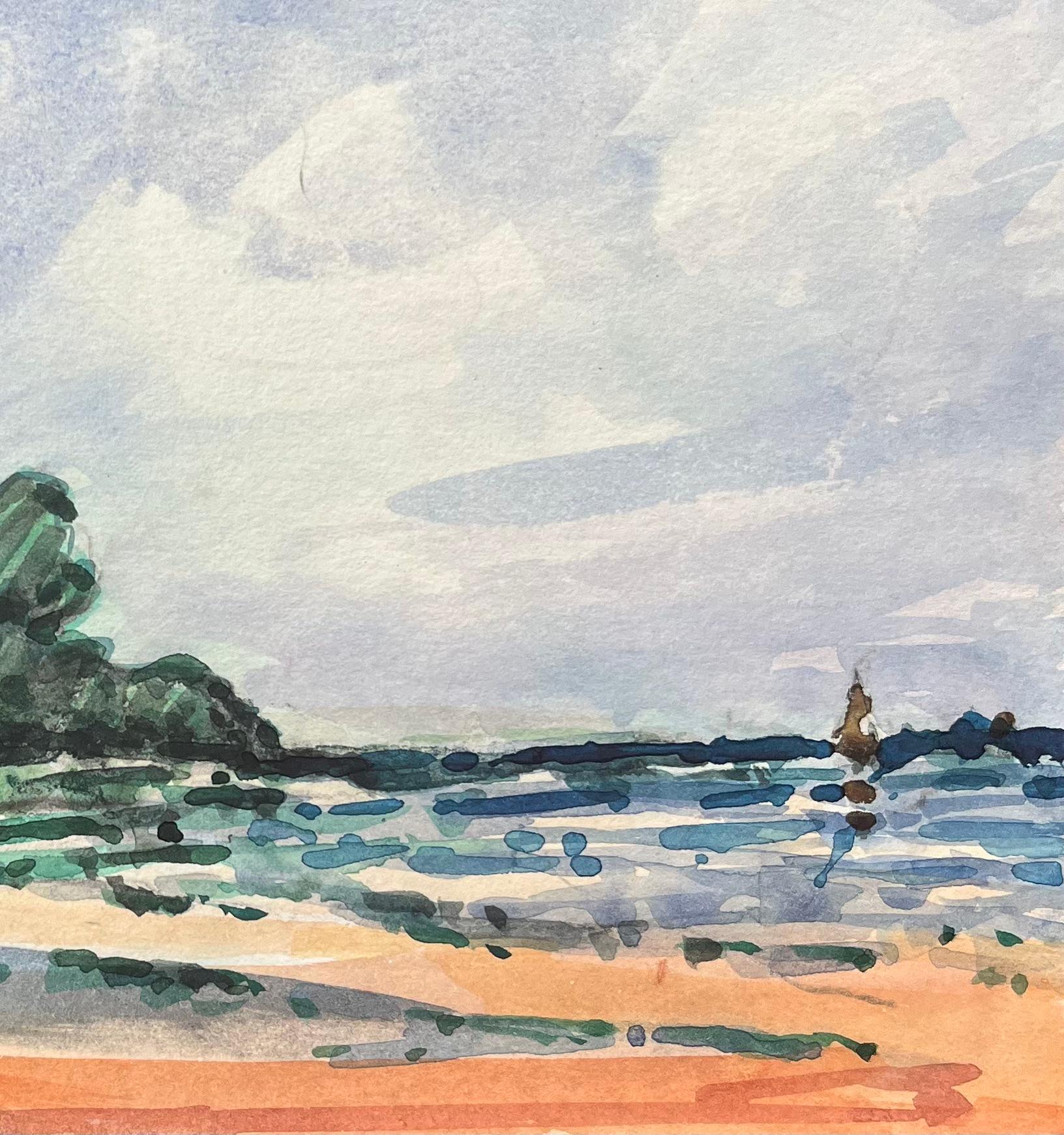 Aquarelle impressionniste française d'une vue de bord de mer avec arbres et personnages - Impressionnisme Art par Maurice Mazeilie
