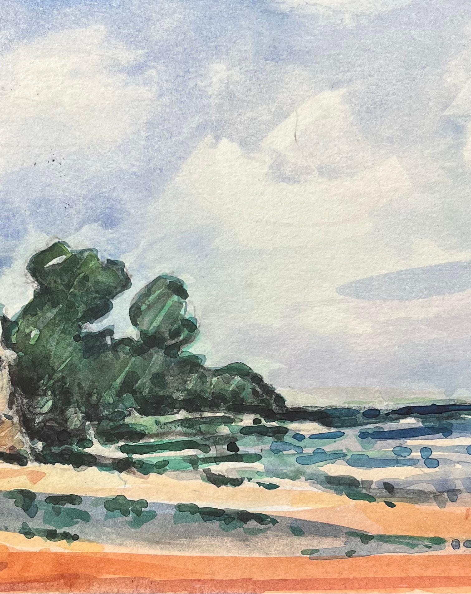 Aquarelle impressionniste française d'une vue de bord de mer avec arbres et personnages - Gris Landscape Art par Maurice Mazeilie