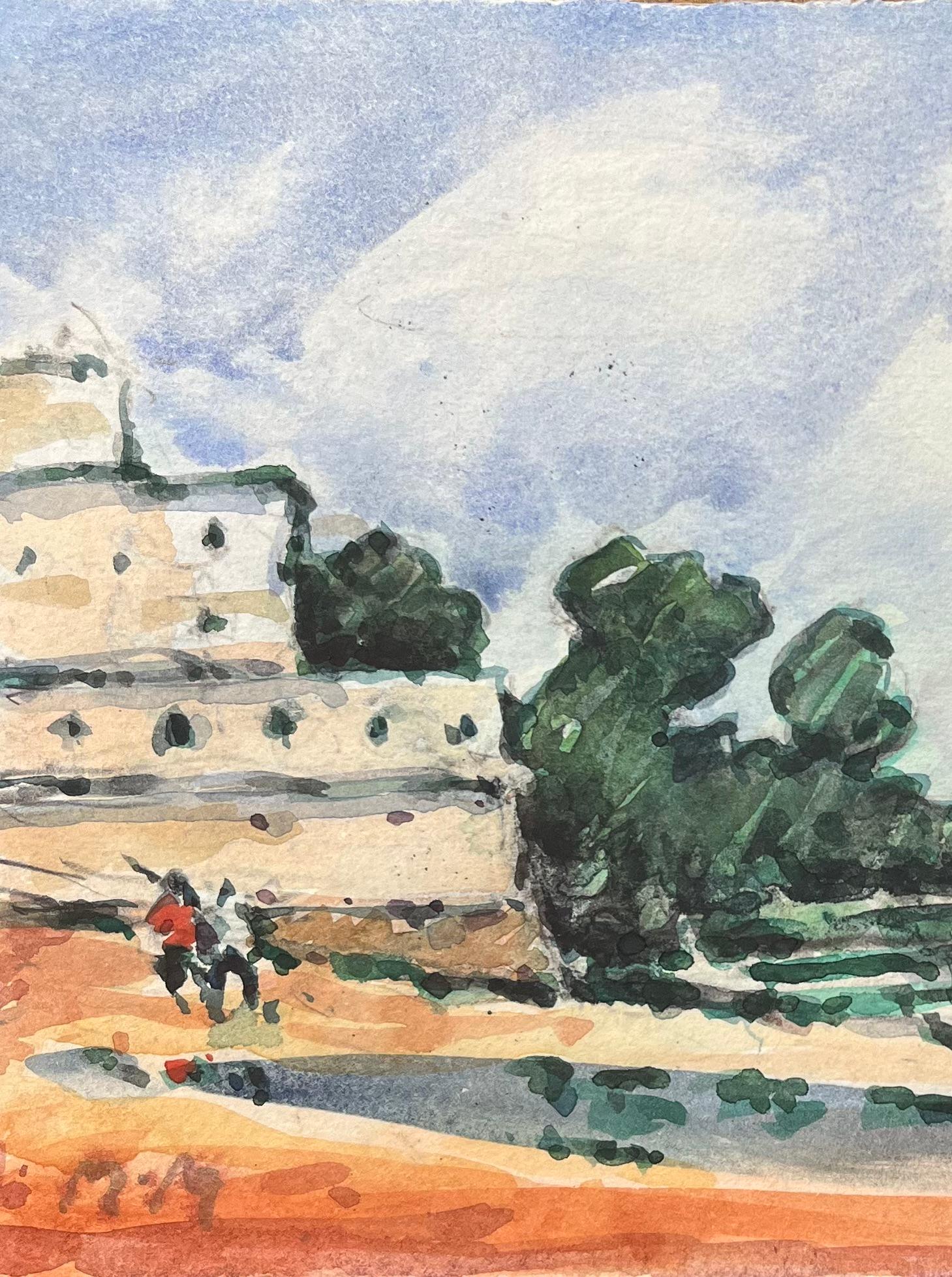 Titre : Aquarelle impressionniste française d'une vue de bord de mer avec des arbres et des personnages
Par Maurice Mazeilie (français 1924-2021)
Moyen d'expression : Aquarelle sur papier, non encadrée
Taille : 6.25 x 9.5 pouces (hauteur x