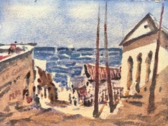 Aquarelle impressionniste française représentant des bâtiments côtiers et des personnages
